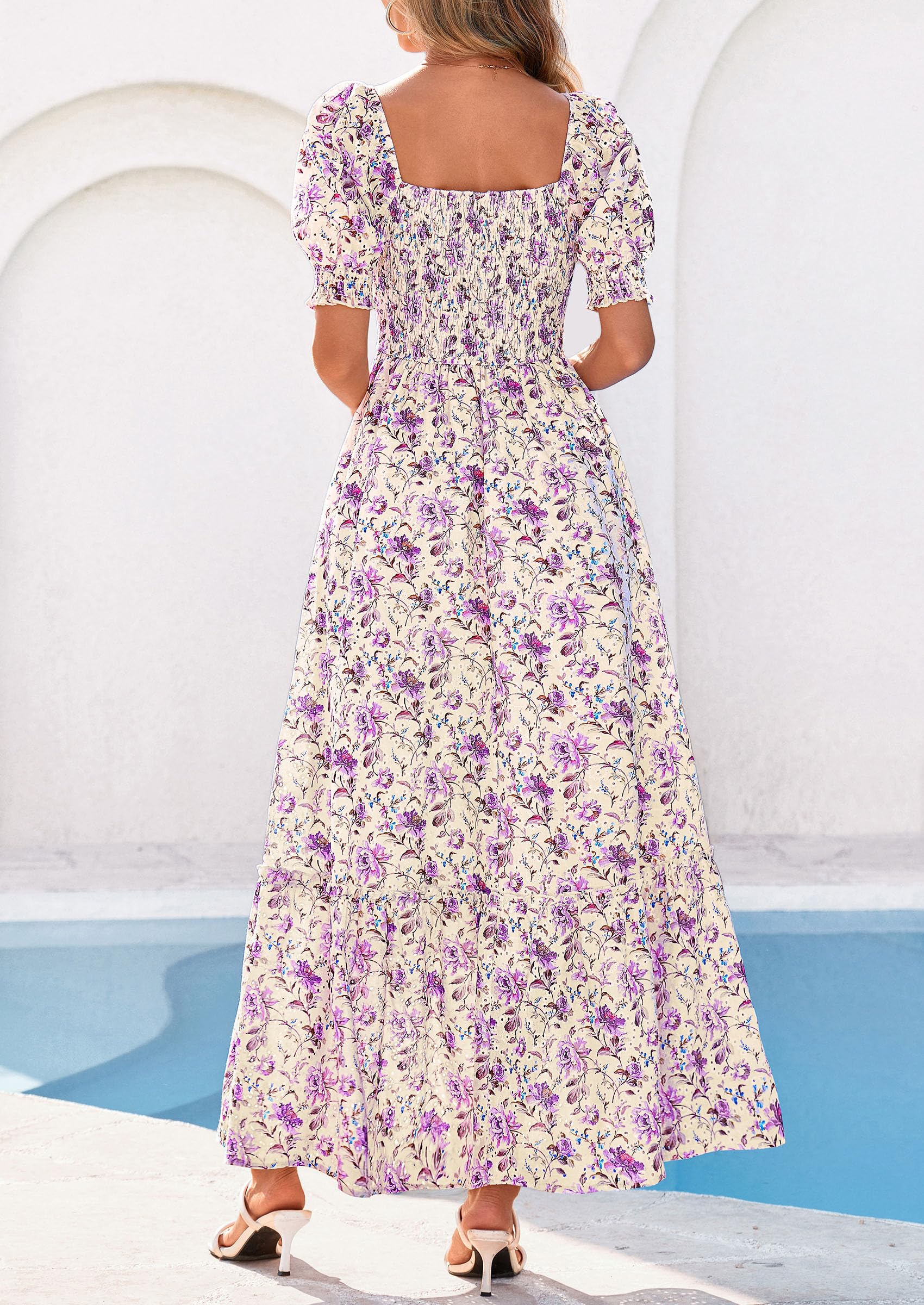 PRETTYGARDEN Women's Floral Boho Maxi Dresses Flowy Short Sleeve A Line Smocked Eyelet Summer Beach Vacation Clothes