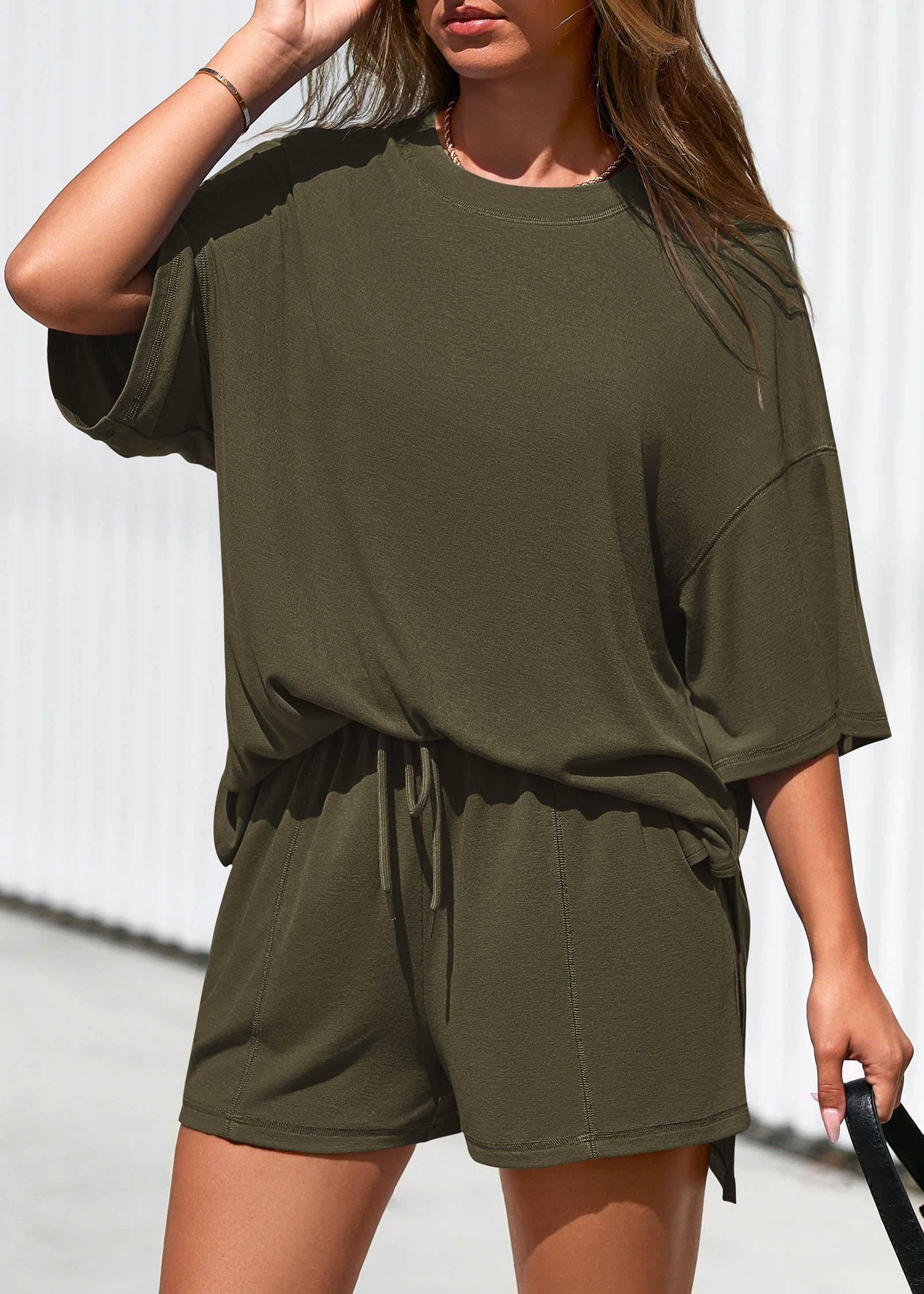 FreshPretty 2 Piece Sets for Women Summer Lounge Sets Casual Oversized Tshirts Shorts Matching Airport Travel Outfits Postpartum