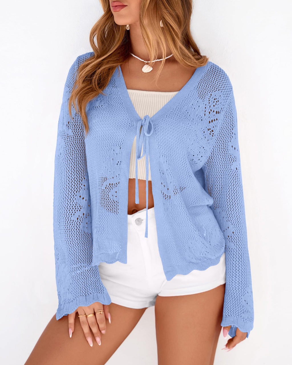 FreshPretty Summer Cardigans for Women Lightweight Spring Crochet Mesh Long Sleeve Tie Front Knit Beach Vacation Outfits