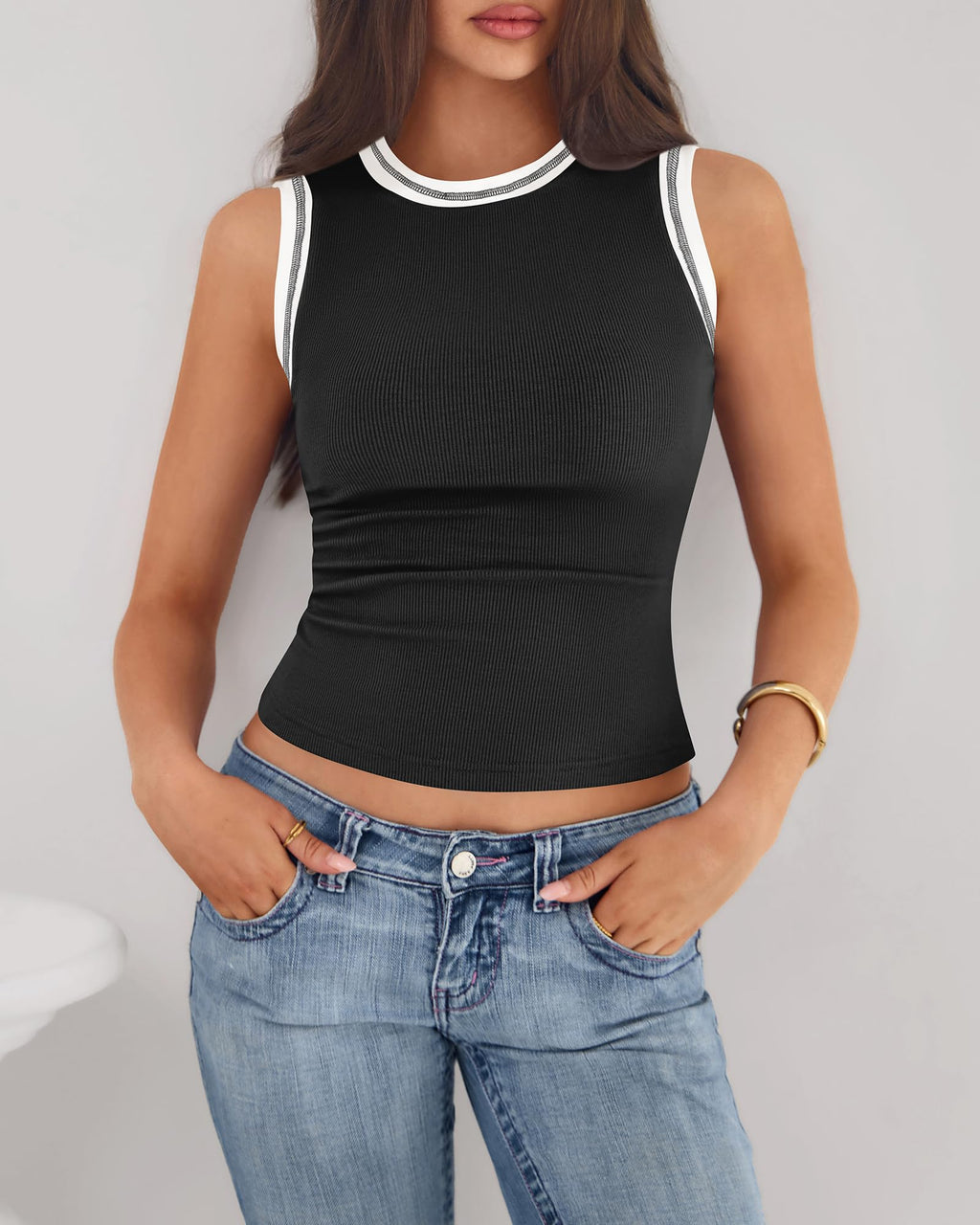 FreshPretty Crew Neck Tank Top for Women Sleeveless Ribbed Contrasting Slim Fitted Y2k Casual Basic Shirts Spring Summer Tops