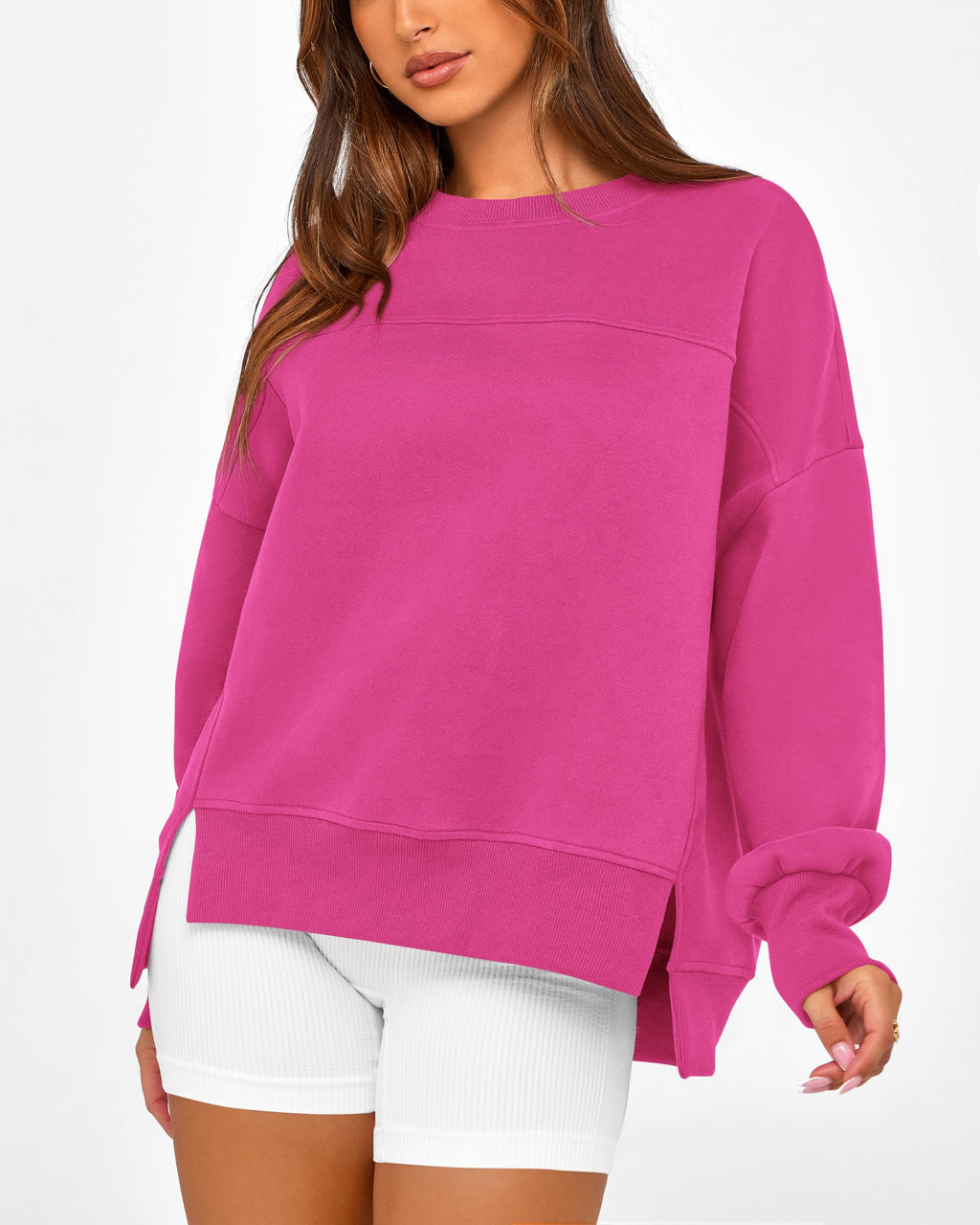 BTFBM Women's Casual Crewneck Sweatshirts Spring Long Sleeve Side Slit Workout Fleece Pullover Top Fashion Clothing