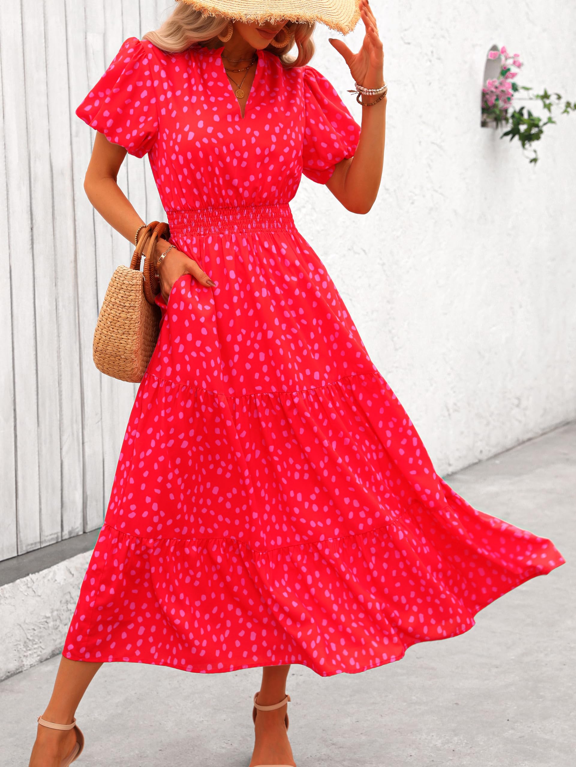 PRETTYGARDEN Summer Maxi Dresses for Women  Casual V Neck Puff Short Sleeve Smocked Flowy Beach Boho Long Floral Dress