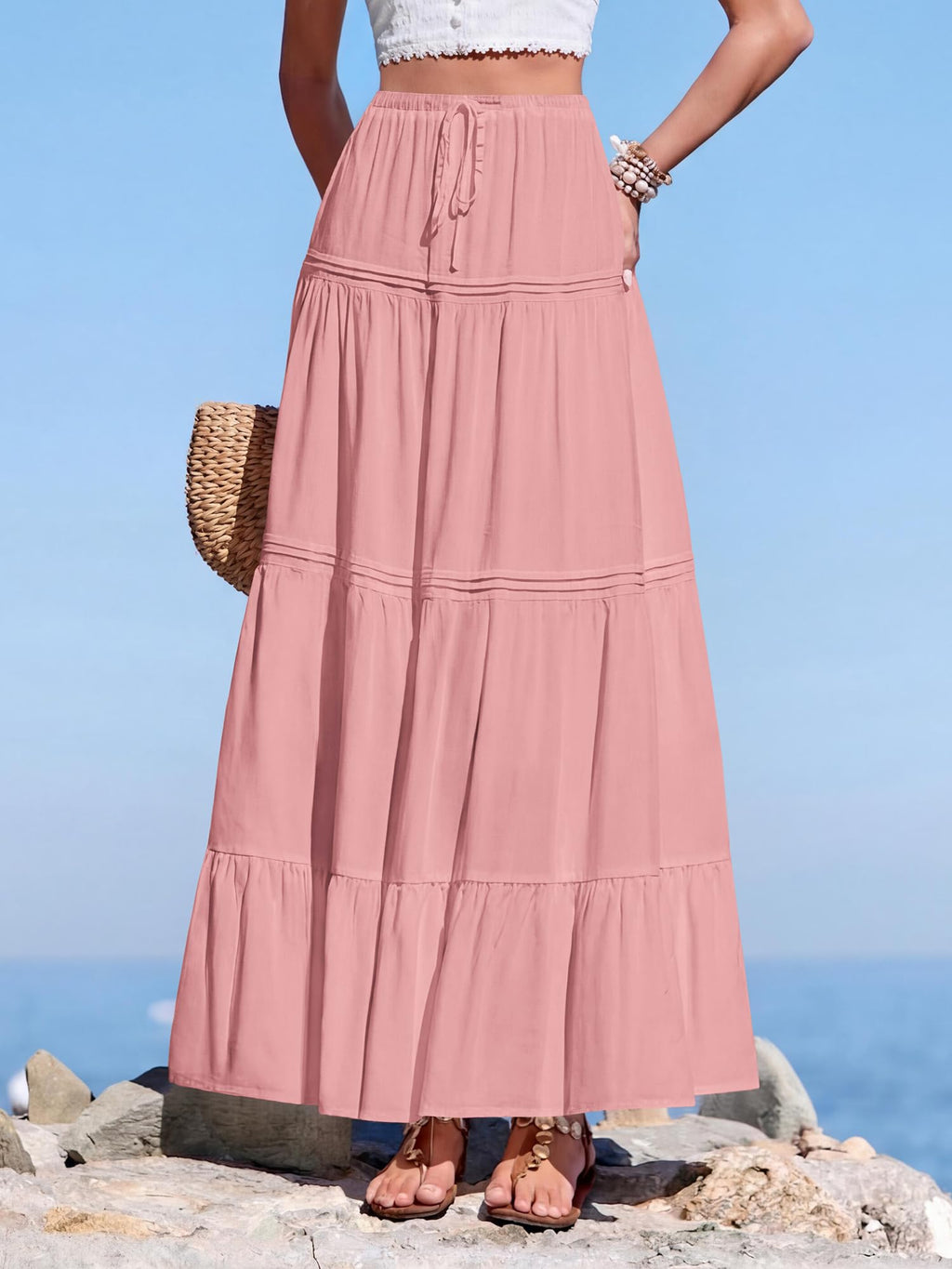 BTFBM Spring Skirts for Women Summer Boho Beach Vacation Clothes Casual Pleated High Waisted Flowy Maxi Skirt