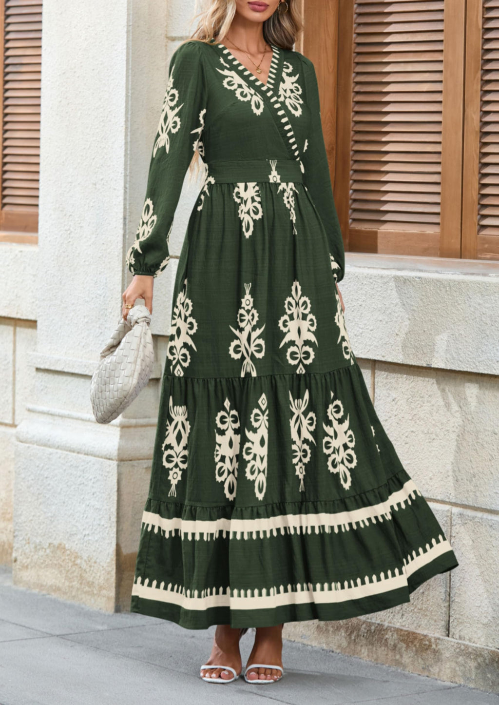 PRETTYGARDEN Women's Fall Wedding Guest Dresses Boho Floral Long Sleeve V Neck Flowy Elegant Maxi Dress Beach Clothes
