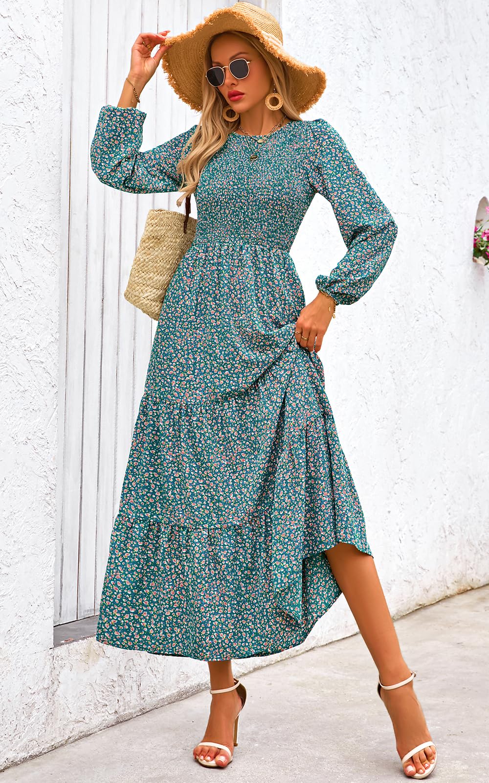 PRETTYGARDEN Women's Fall Dresses Long Sleeve Flowy Casual Floral Maxi Dress Crew Neck Smocked Tiered Long Dress