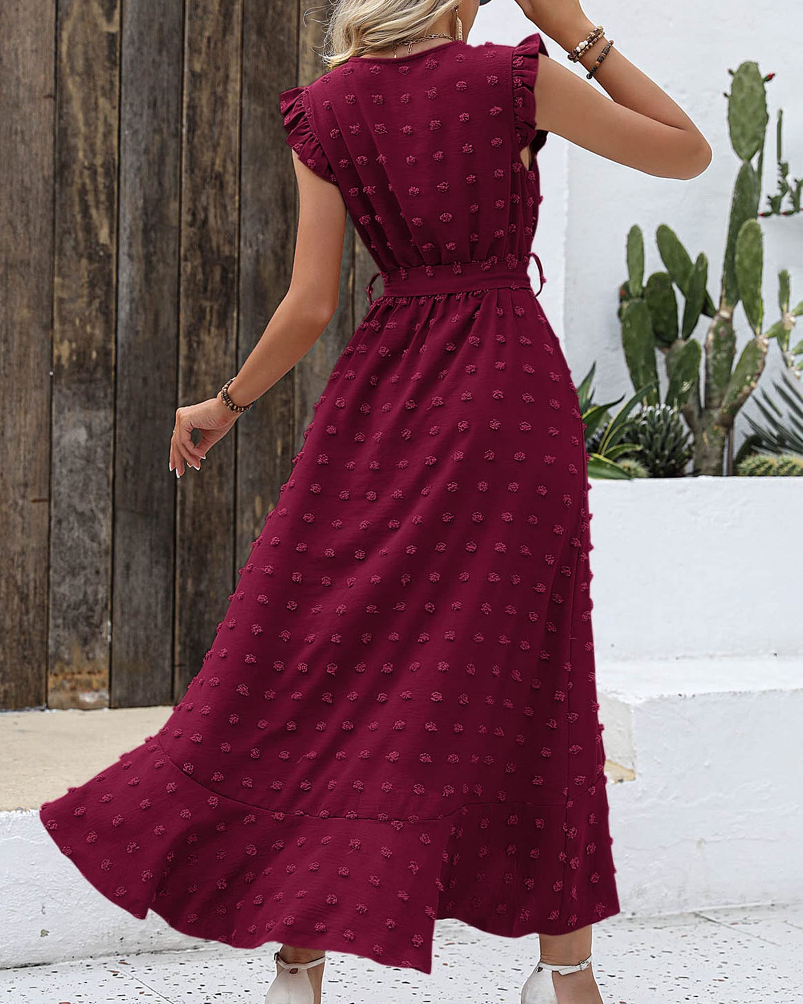 BTFBM Boho Dresses for Women Spring Fashion Cap Sleeve Swiss Dot Flowy Ruffle Beach Wedding Cocktail Maxi Dress