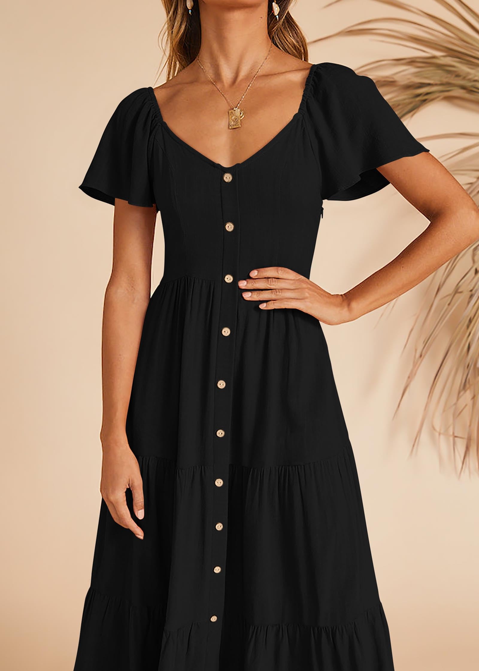 FreshPretty Women Spring Summer Casual Short Sleeve Midi Dress Button V Neck Tiered Vacation Sundress with Pockets