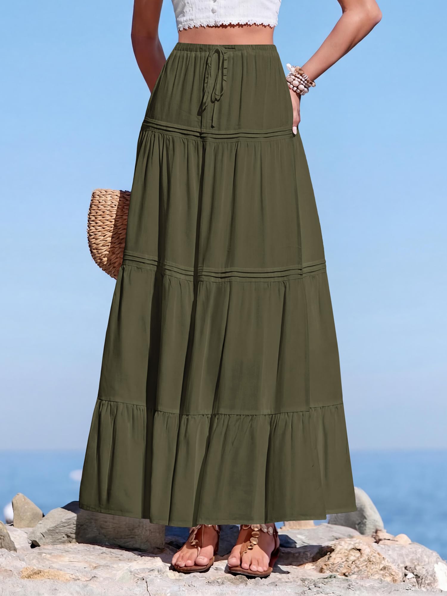 BTFBM Spring Skirts for Women Summer Boho Beach Vacation Clothes Casual Pleated High Waisted Flowy Maxi Skirt
