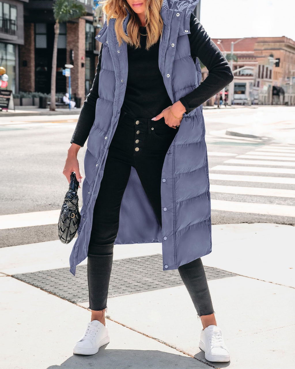BTFBM Long Puffer Vest Women Quilted Hooded Button Down Zip Up Sleeveless Vests Outerwear Padded Jacket Fall Winter Coat