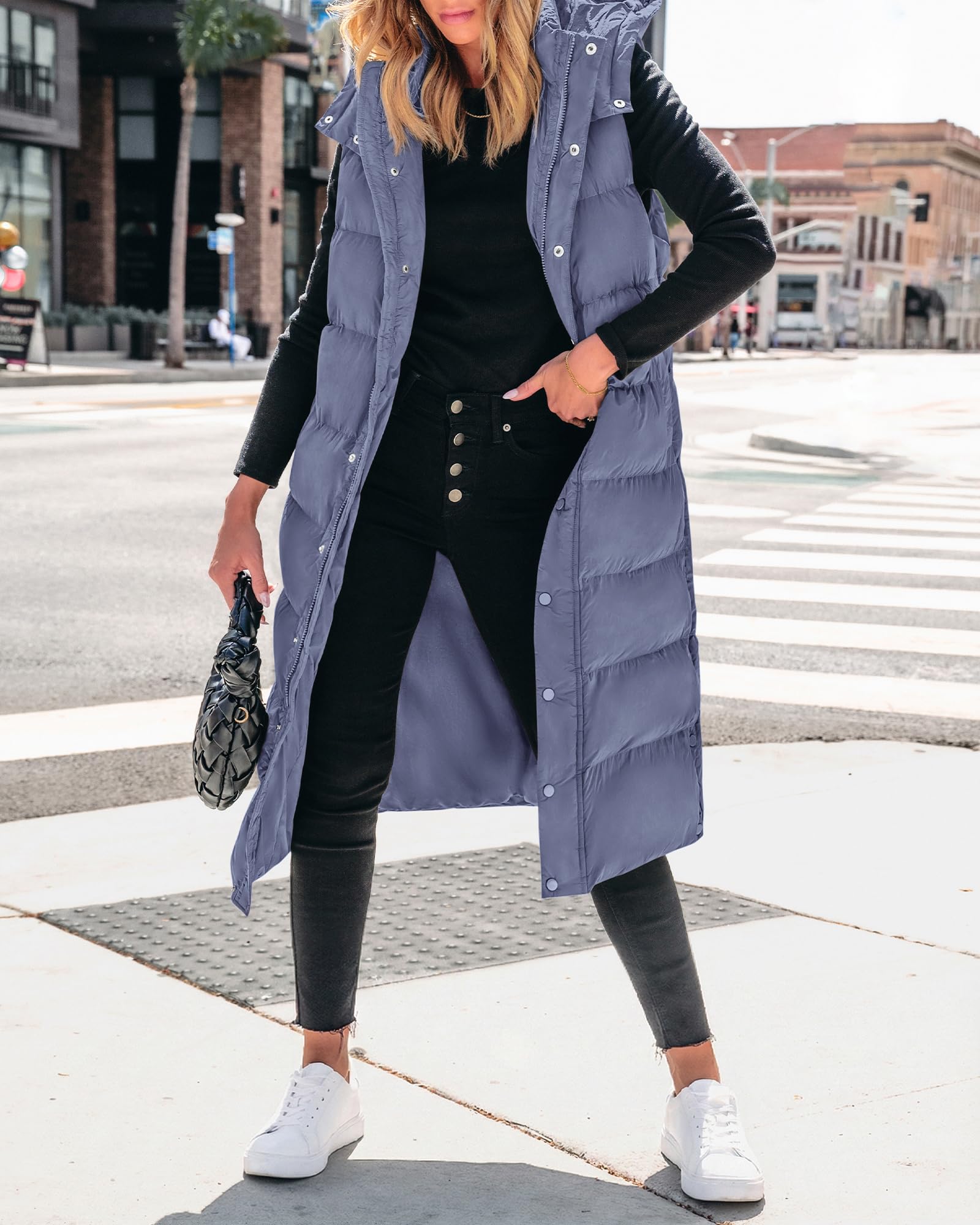 BTFBM Long Puffer Vest Women Quilted Hooded Button Down Zip Up Sleeveless Vests Outerwear Padded Jacket Fall Winter Coat