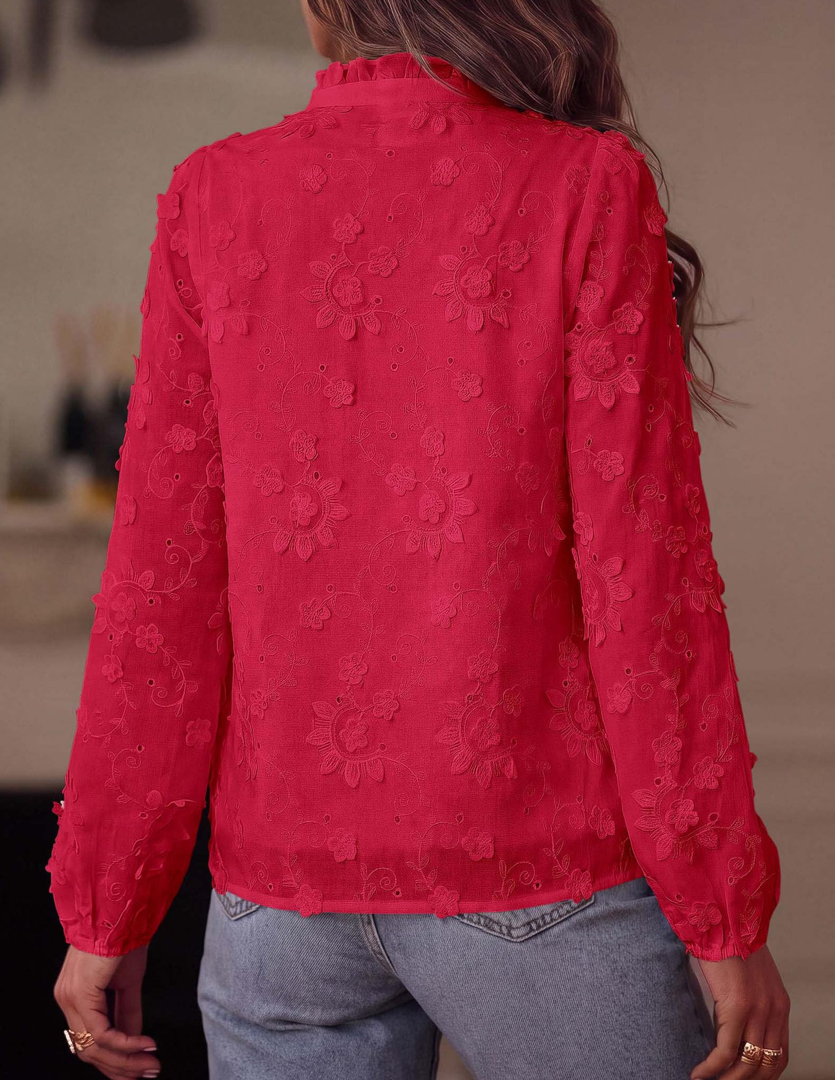PRETTYGARDEN Women's Floral Embroidered Button Down Shirts | Ladies Dressy Fall Blouses, Long Sleeves, Ruffle Neck, Elegant Boho Eyelet Tops for Work, Business & Spring Casual Outings