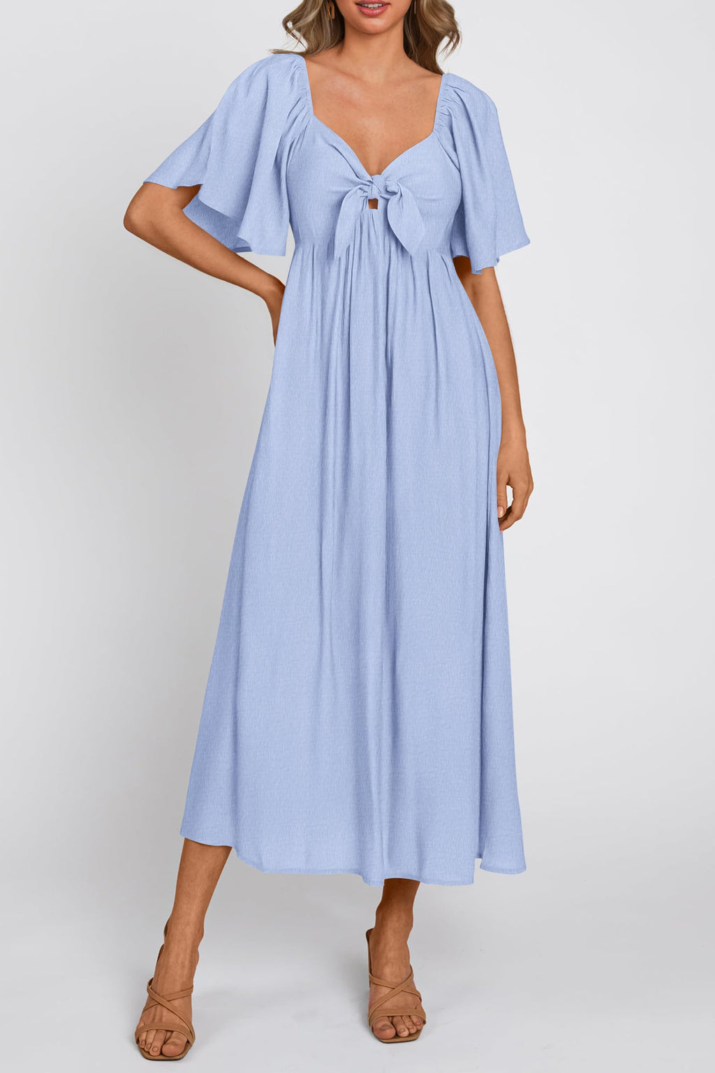 PRETTYGARDEN Summer Dress for Women Casual Short Sleeve Bow Tie V Neck Ruffle Midi Flowy Dresses