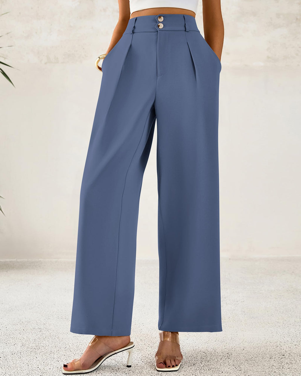 BTFBM Women Wide Leg Dress Pants High Waisted Button Pleated Business Casual Trousers Office Work Palazzo Pants