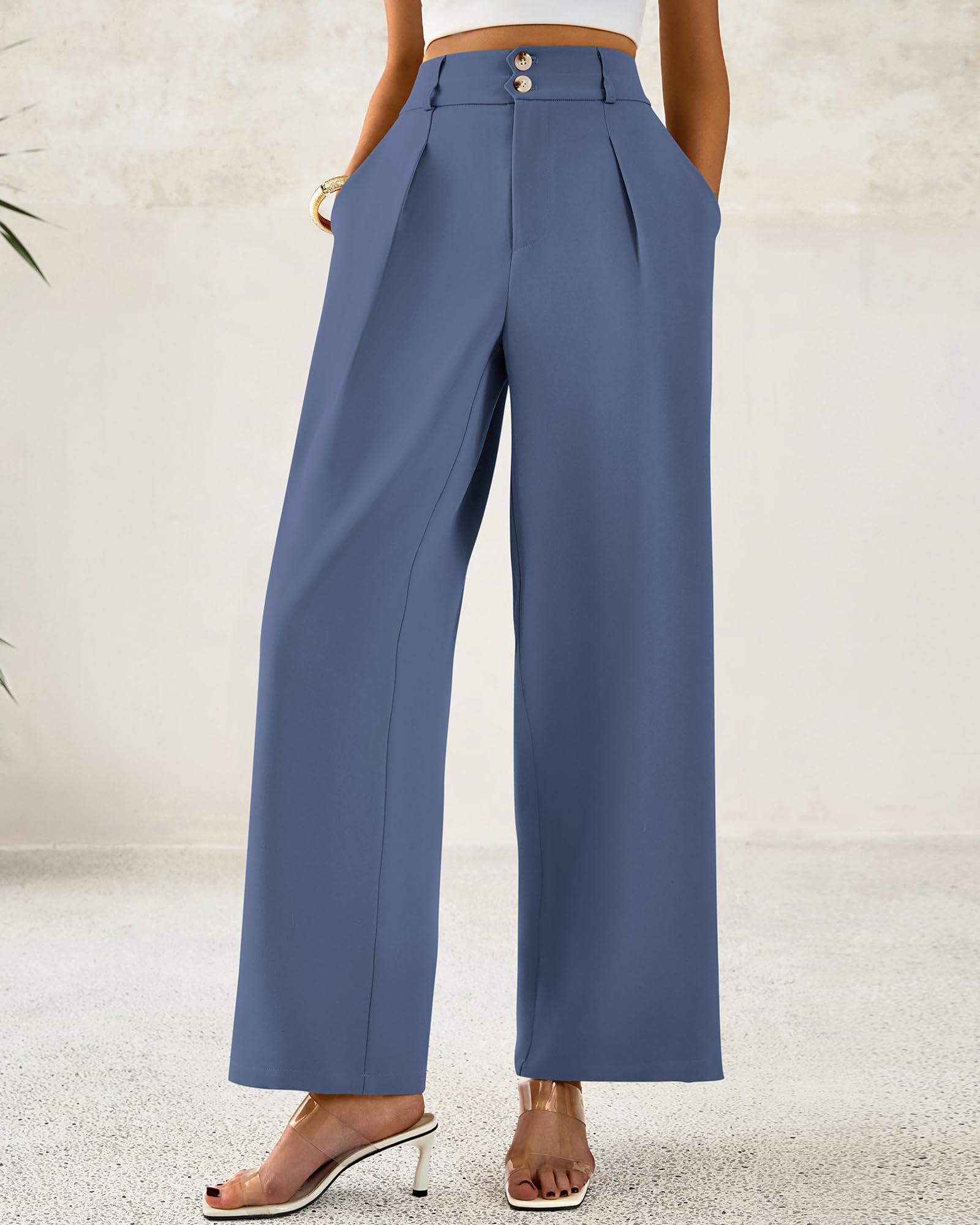 BTFBM Women Wide Leg Dress Pants High Waisted Button Pleated Business Casual Trousers Office Work Palazzo Pants