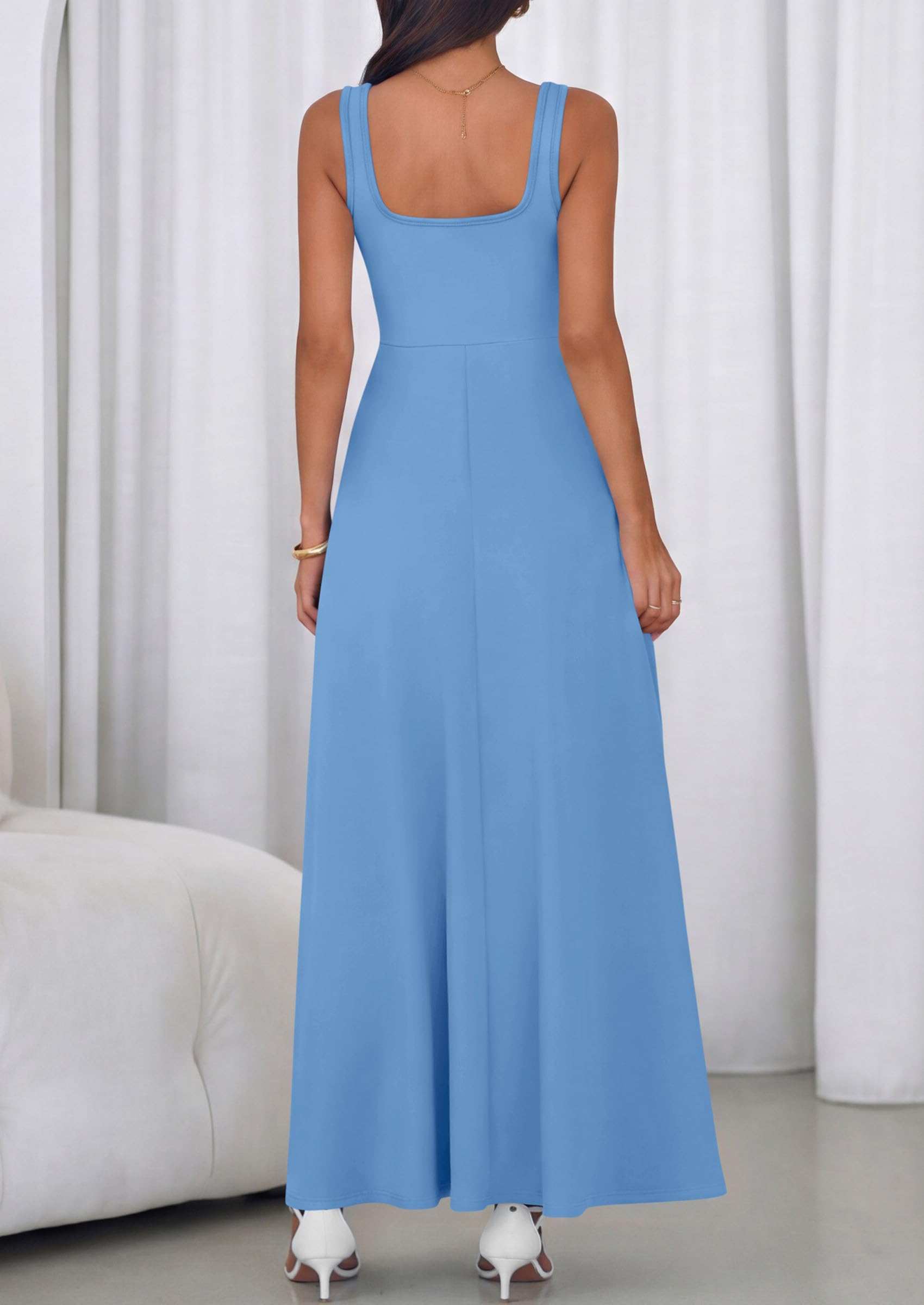 PRETTYGARDEN Womens Summer Dresses Sleeveless Elegant Square Neck Aline Swing Maxi Beach Wedding Guest Dress Pockets