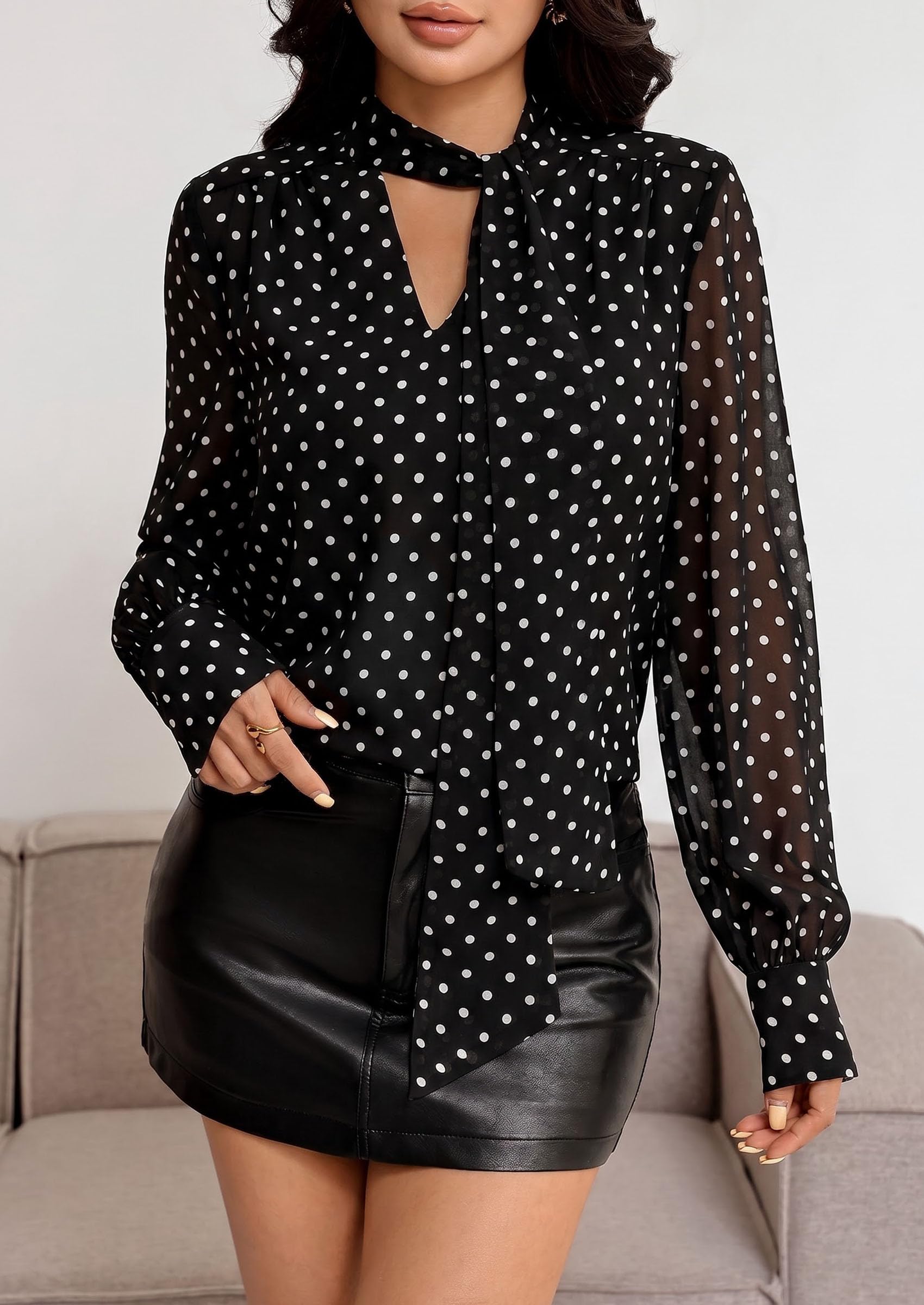 PRETTYGARDEN Women Chiffon Boho Blouses Dressy Casual Flowy Fall Tops, Long Sleeve V Neck Shirts with Tie, Elegant Date Night Outfit for Work Office, Going Out