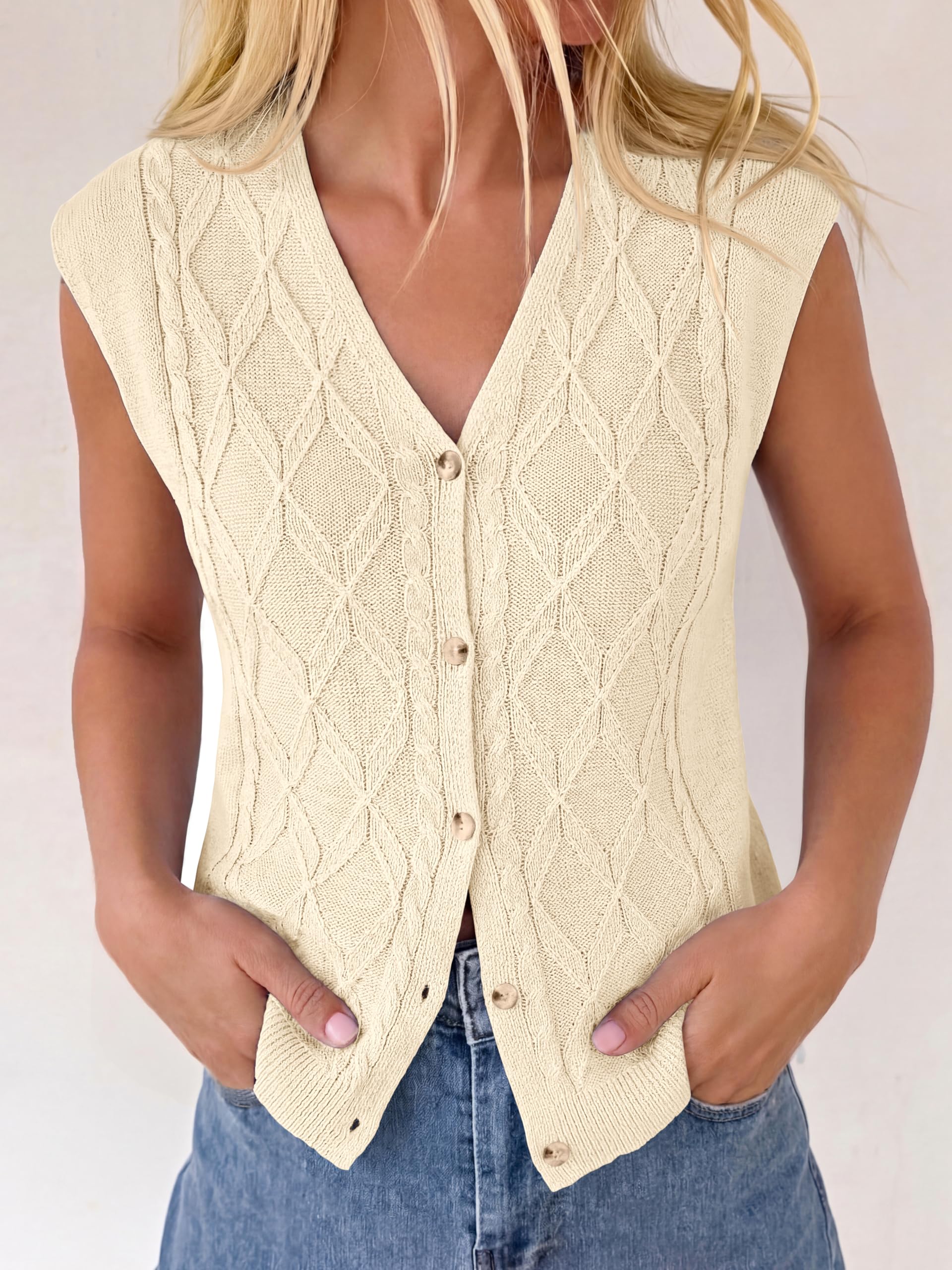 BTFBM Vest Tops for Women Summer V Neck Button Loose Lightweight Cardigan Knit Cap Sleeve Sweater Vests Fashion Clothing