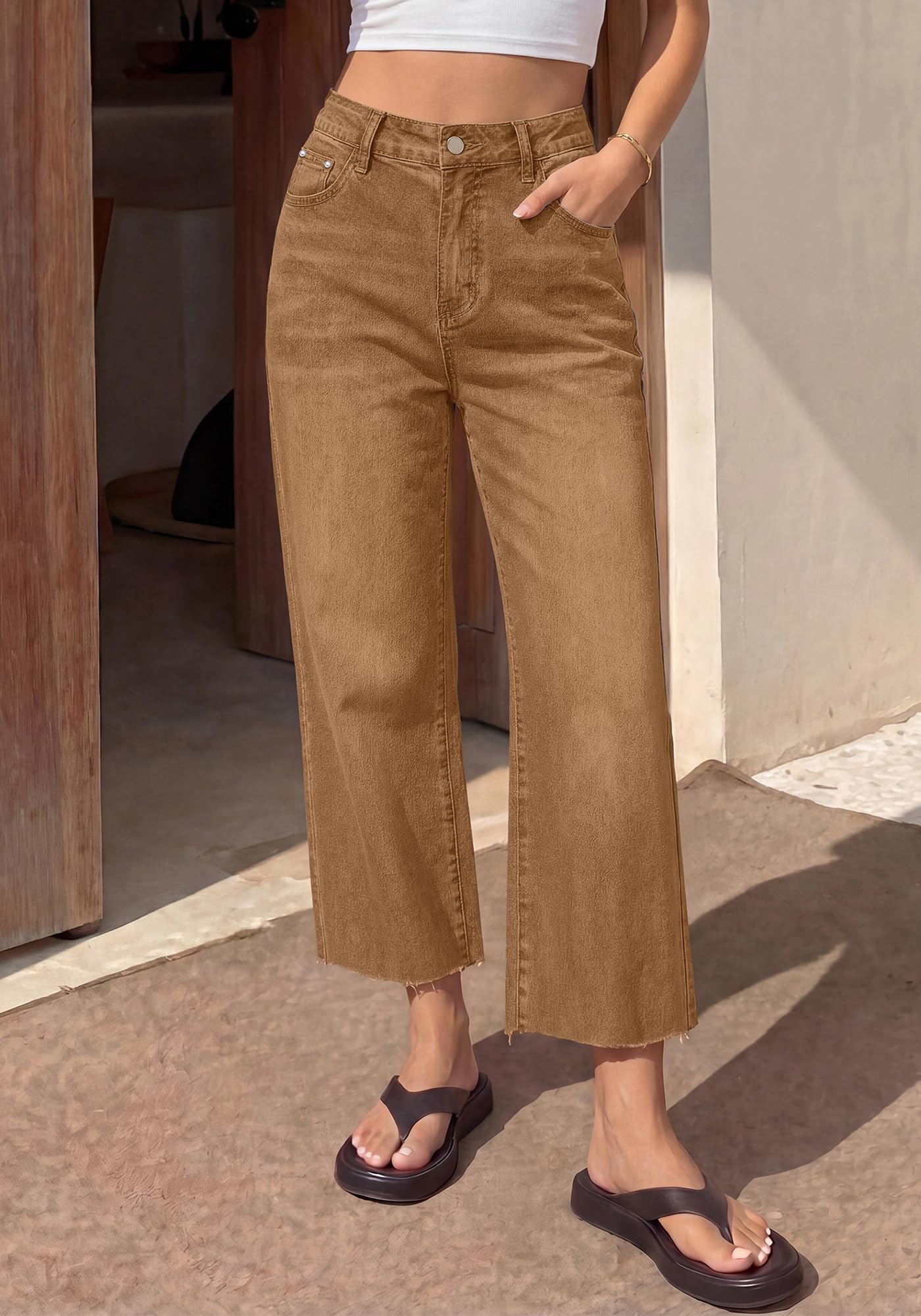 BTFBM Jeans for Women Summer High Waisted Button Straight Leg Stretchy Cropped Raw Hem Trendy Denim Pants Pockets