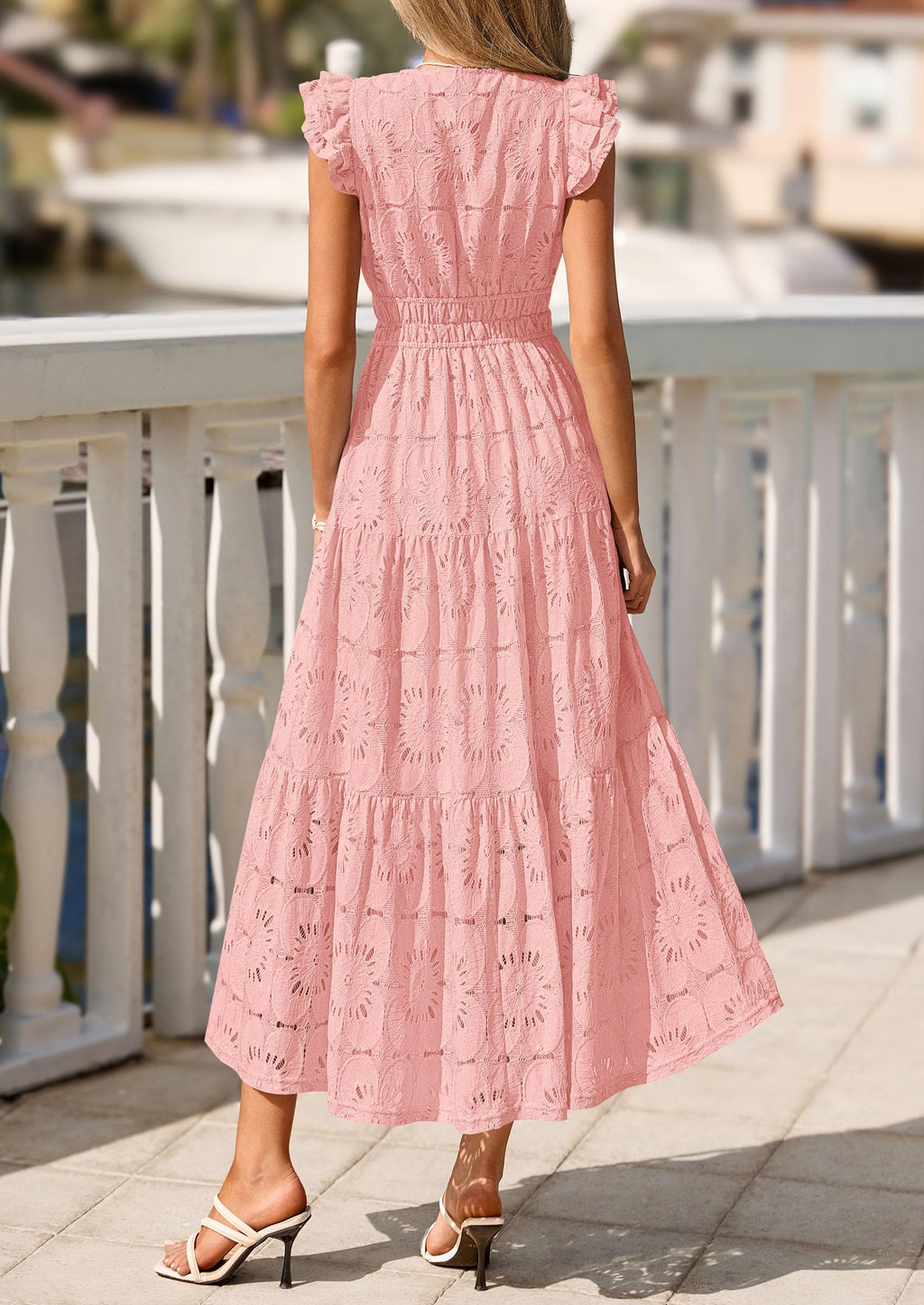 PRETTYGARDEN Womens Boho Maxi Dresses Summer Floral Lace Eyelet V Neck Spring Wedding Guest Dress Beach Vacation Clothes