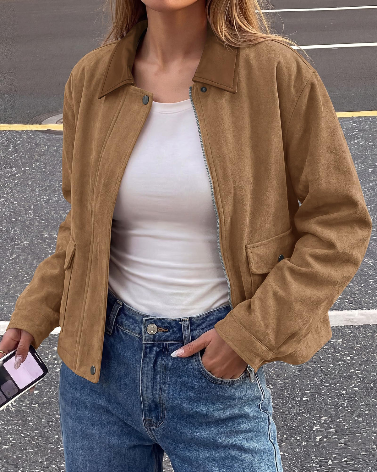BTFBM Faux Suede Jacket Women Leather Lapel Zip Up Fall Outfits Button Down Long Sleeve Outerwear With Flap Pockets, Early Winter Coats, Motorcycle Jackets, Western Country Concert Outfits
