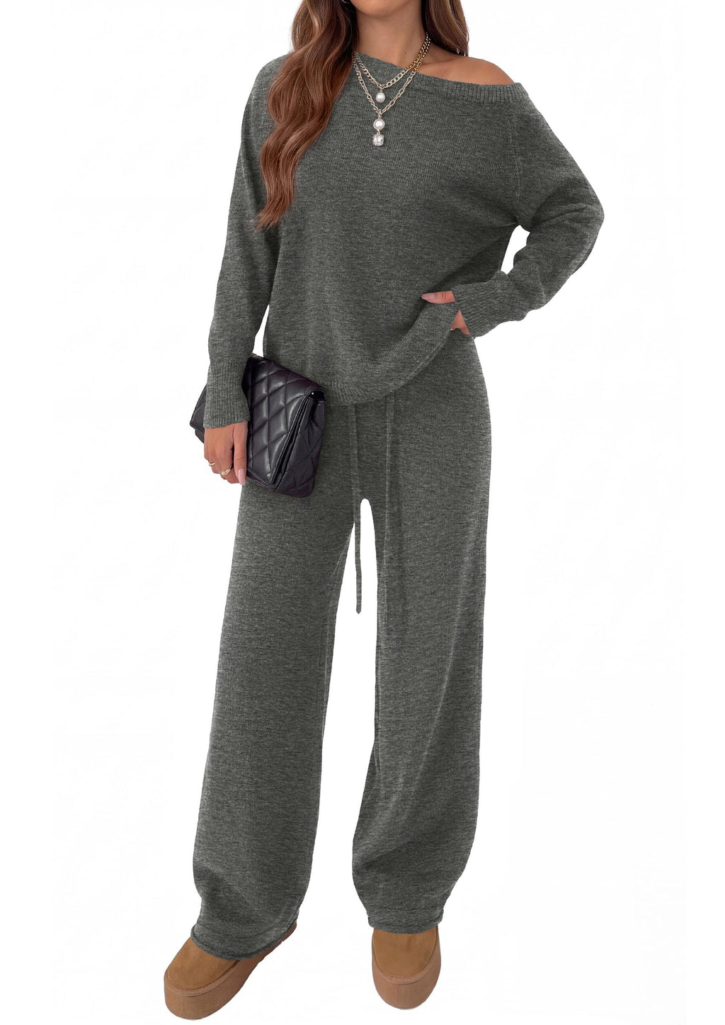 PRETTYGARDEN Lounge Sets Womens Sweaters Two Piece Outfits Cozy Boat Neck Long Sleeve Tops, Wide Leg Pants with Drawstring, Casual Fall Fashion Airport & Travel, Knit Matching Set