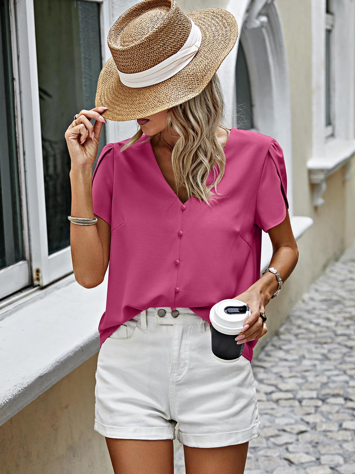 PRETTYGARDEN Short Sleeve Tops for Women Summer Spring Western Chiffon Blouses Dressy Casual Work Pearl Shirts