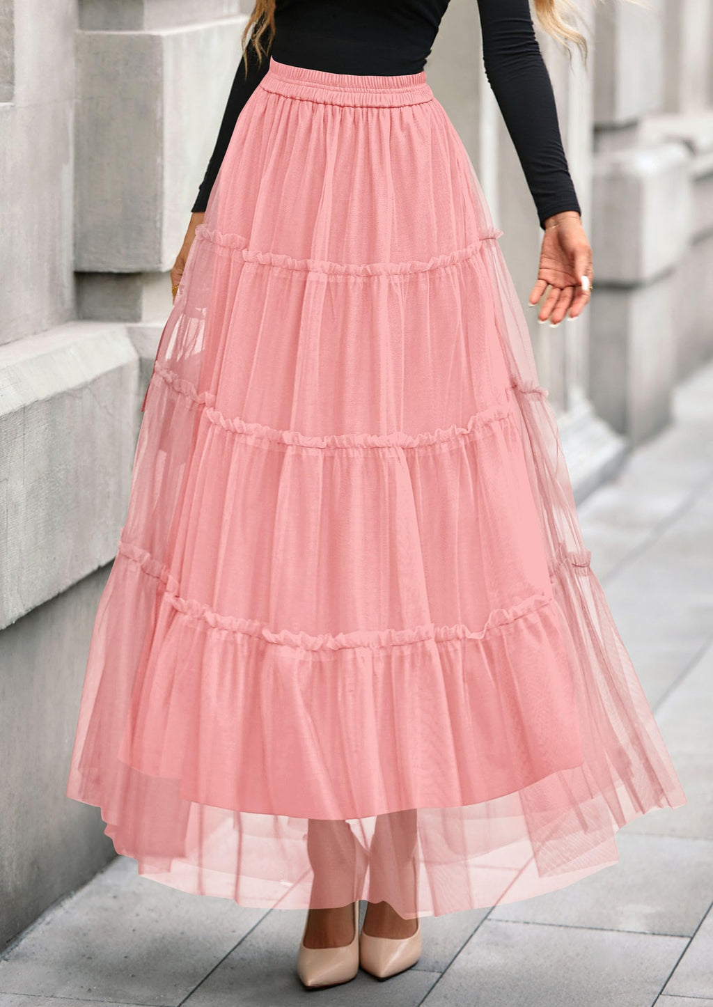 PRETTYGARDEN Tulle Skirts for Women Fall Fashion Elastic High Waisted Fairy Tiered Flowy A-Line Casual Maxi Long Skirt