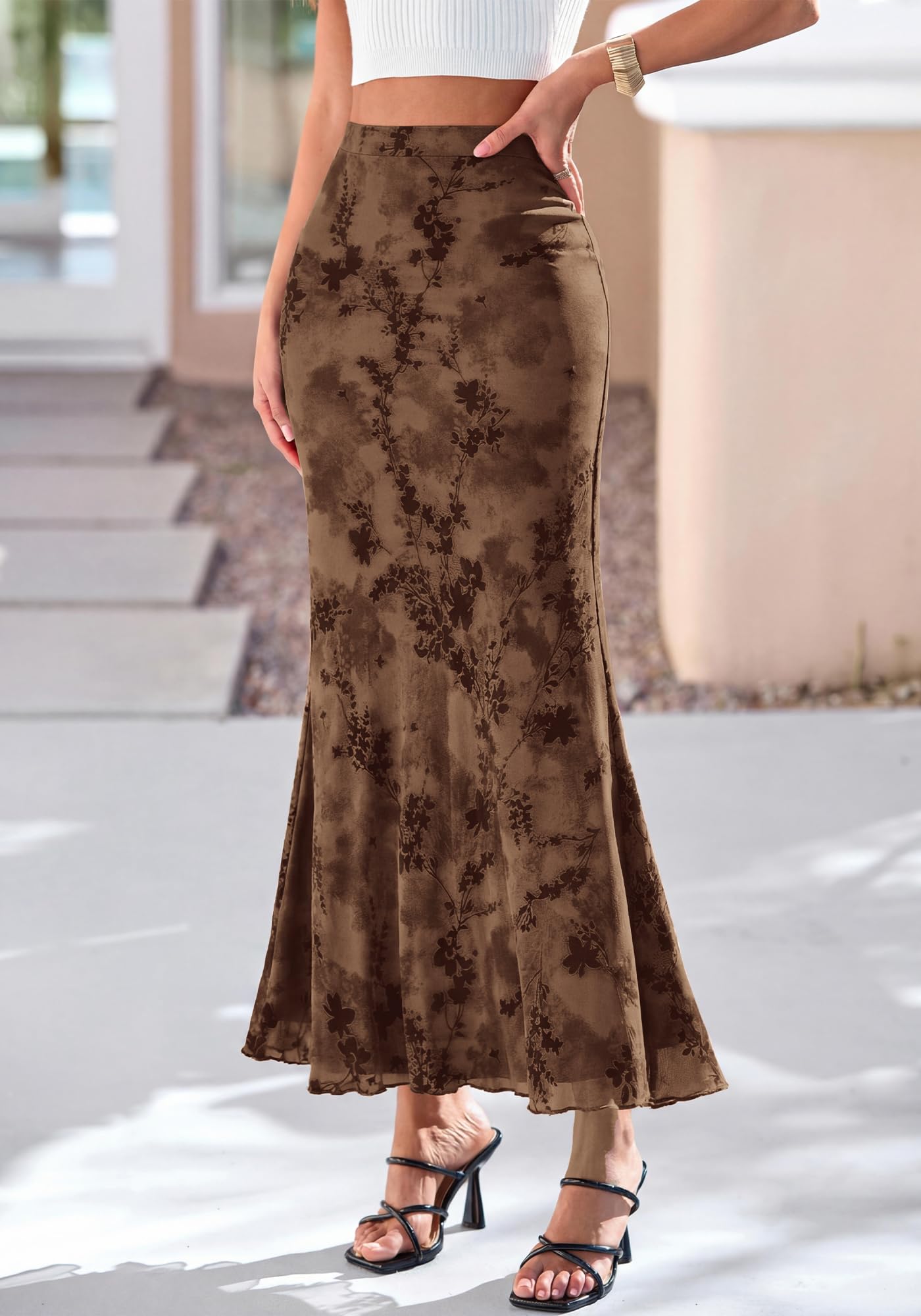 BTFBM Womens Floral Mesh Maxi Skirt Spring Summer Elastic High Waisted Boho Elegant Mermaid Long Skirts for Women