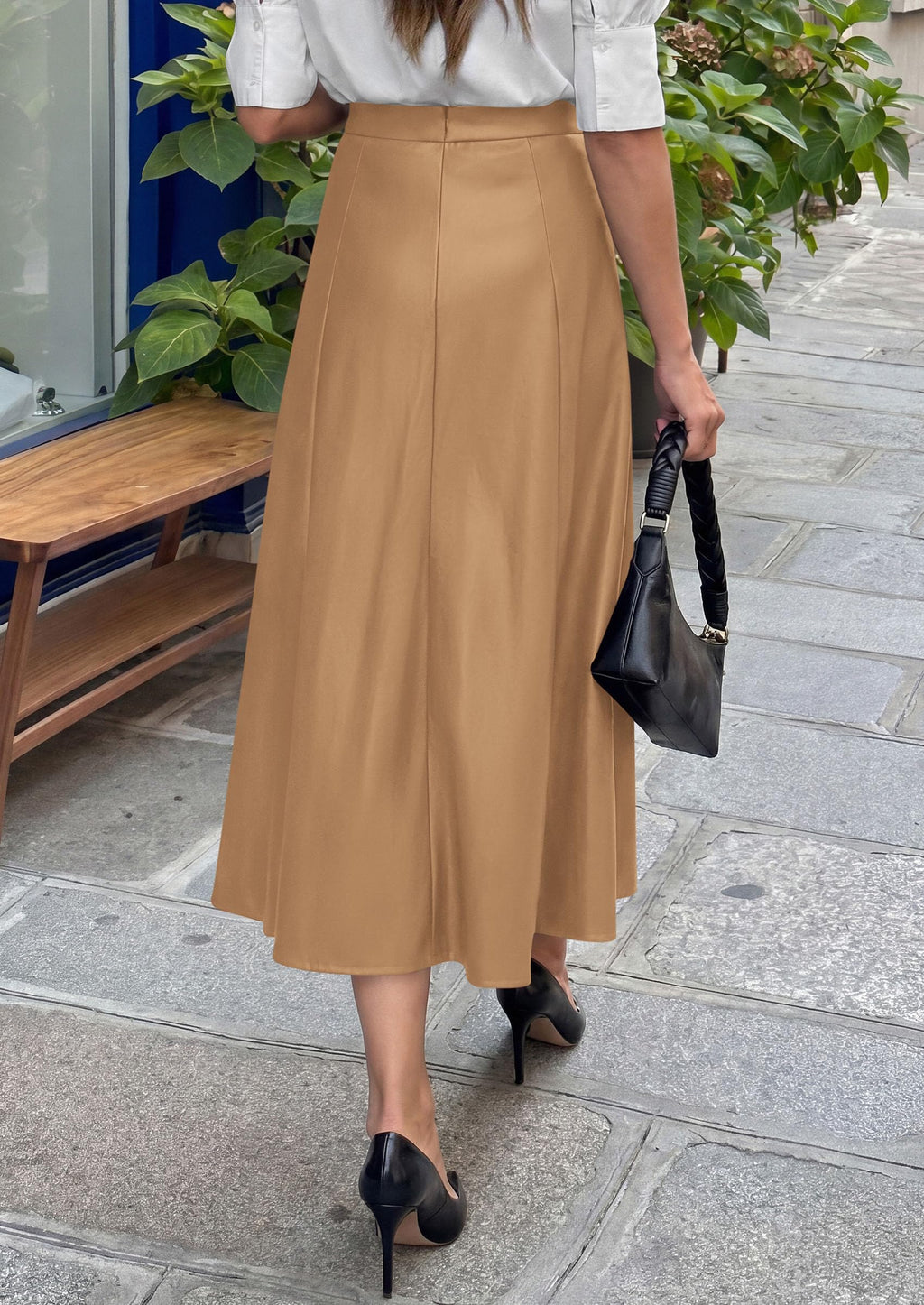 PRETTYGARDEN Womens Faux Leather High Waisted Midi Skirt | Flowy A Line Pleated Skirts, Elegant Swing Flared, Work Business Casual Outfits, Fall Winter Fashion Clothes