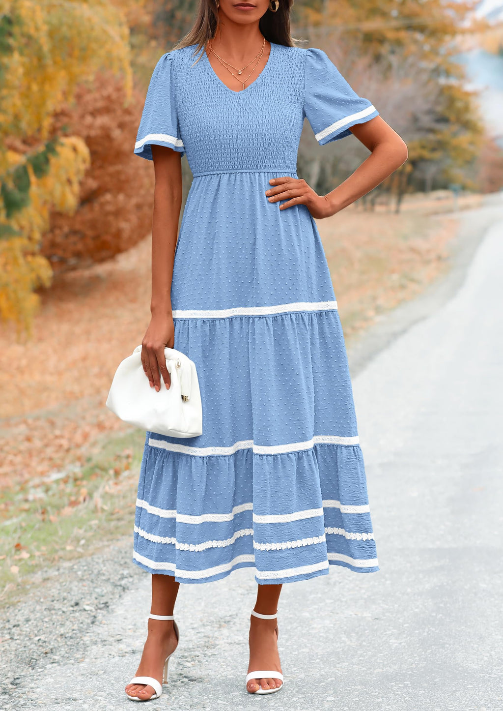 PRETTYGARDEN Women's Casual Summer Maxi Dress Short Sleeve Swiss Dot V Neck Smocked Long Flowy Beach Dresses