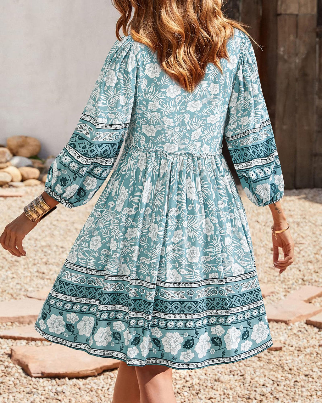BTFBM Women Casual Spring Summer Dresses V Neck 3/4 Long Sleeve Ruffle Floral Flowy Boho Babydoll Mini Short Beach Dress