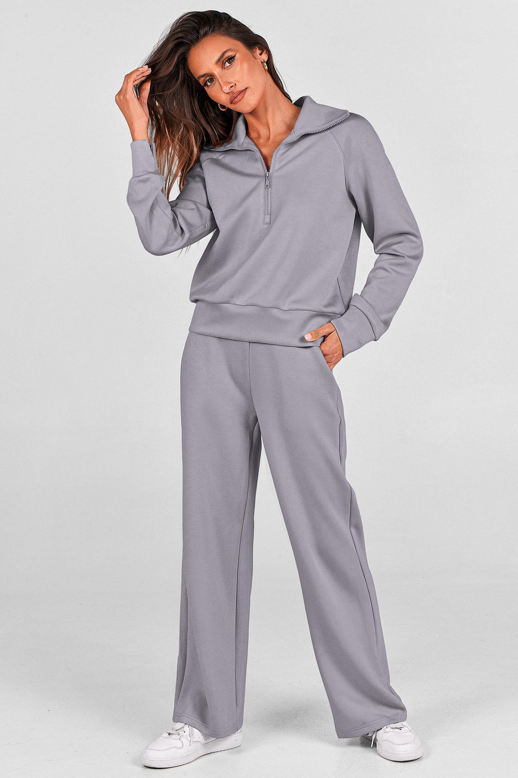 PRETTYGARDEN Women's 2 Piece Outfits Casual Lapel Half Zip Sweatshirts and Wide Leg Pants Tracksuit Sets