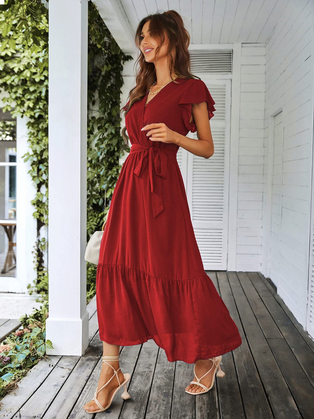 PRETTYGARDEN Women's Summer Floral Boho Maxi Dress Wrap Short Sleeve V Neck Ruffle A-Line Flowy Wedding Guest Long Dresses