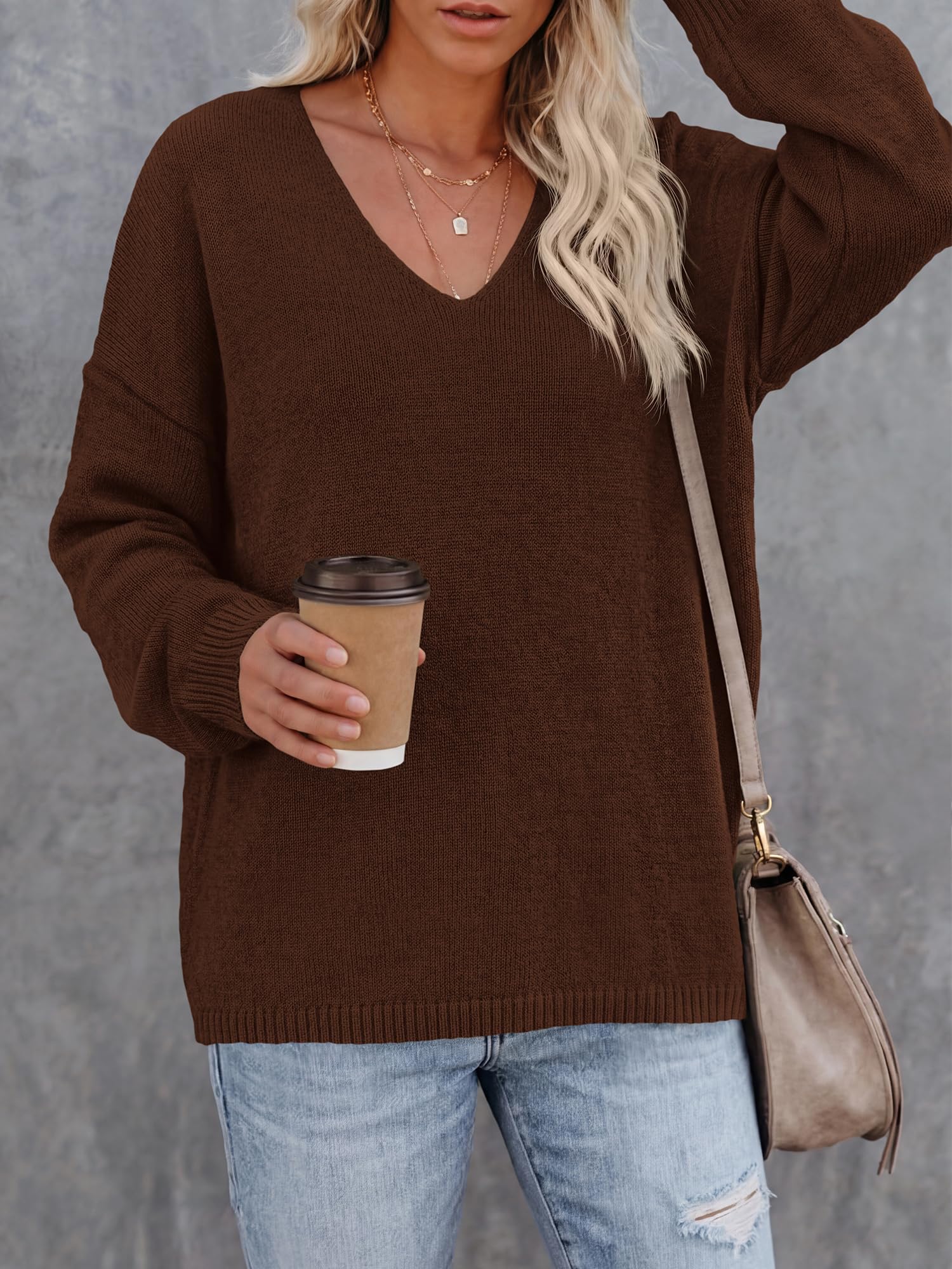 BTFBM Women's Loose Knitted Casual Sweaters | V Neck,Long Sleeve Sweater,Slouchy Pullover Tops,Fall Winter Clothes
