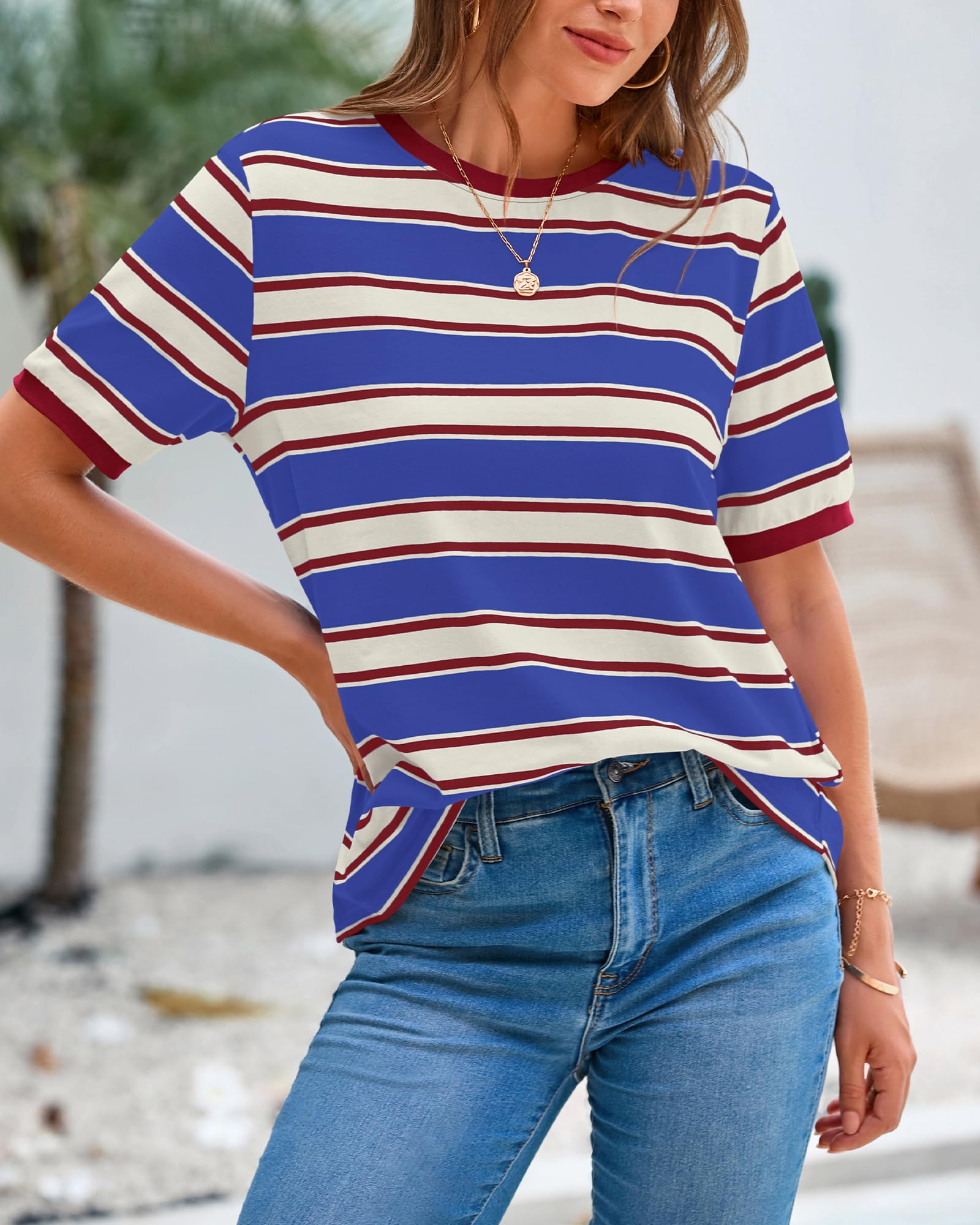 BTFBM Summer Tops for Women Crewneck Short Sleeve Striped T Shirts Casual Spring Clothes Color Block Basic Tee Blouses