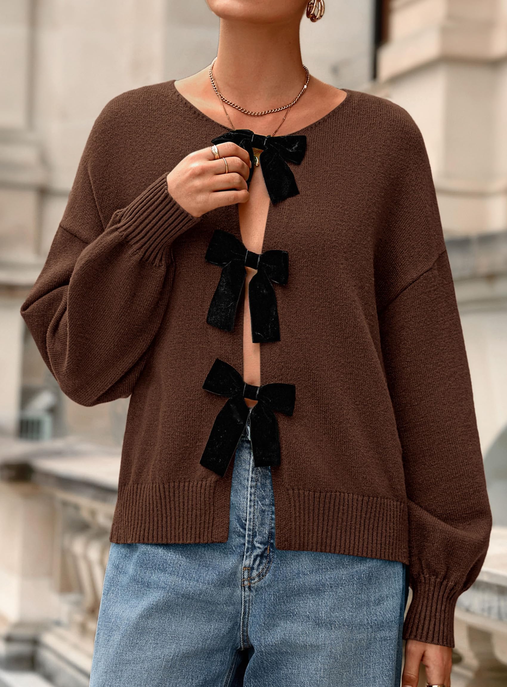 PRETTYGARDEN Cardigan Sweaters for Women Fall Fashion Bow Tie Front Long Sleeve Knit Sweater Tops Cute Winter Clothes