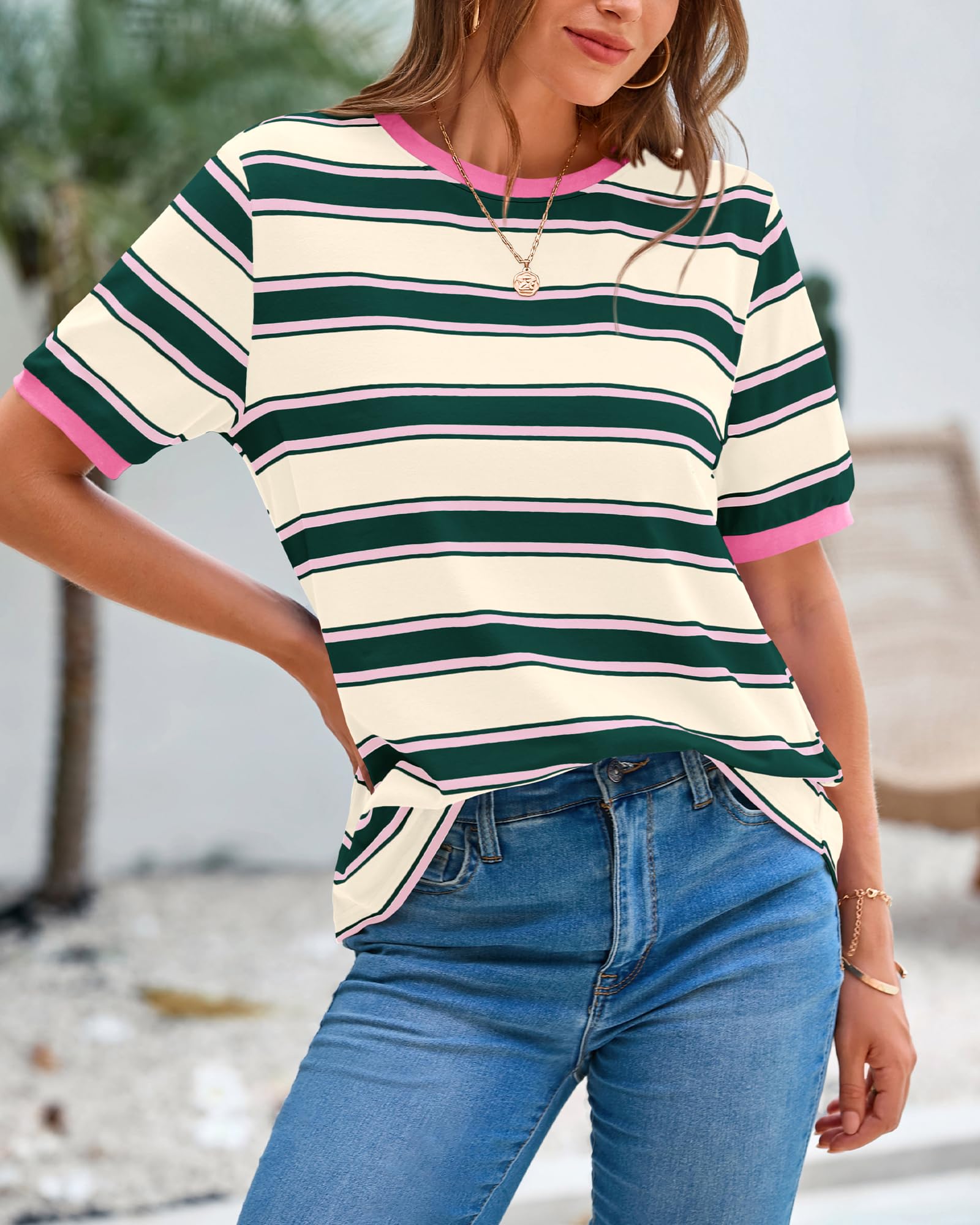 BTFBM Summer Tops for Women Crewneck Short Sleeve Striped T Shirts Casual Spring Clothes Color Block Basic Tee Blouses