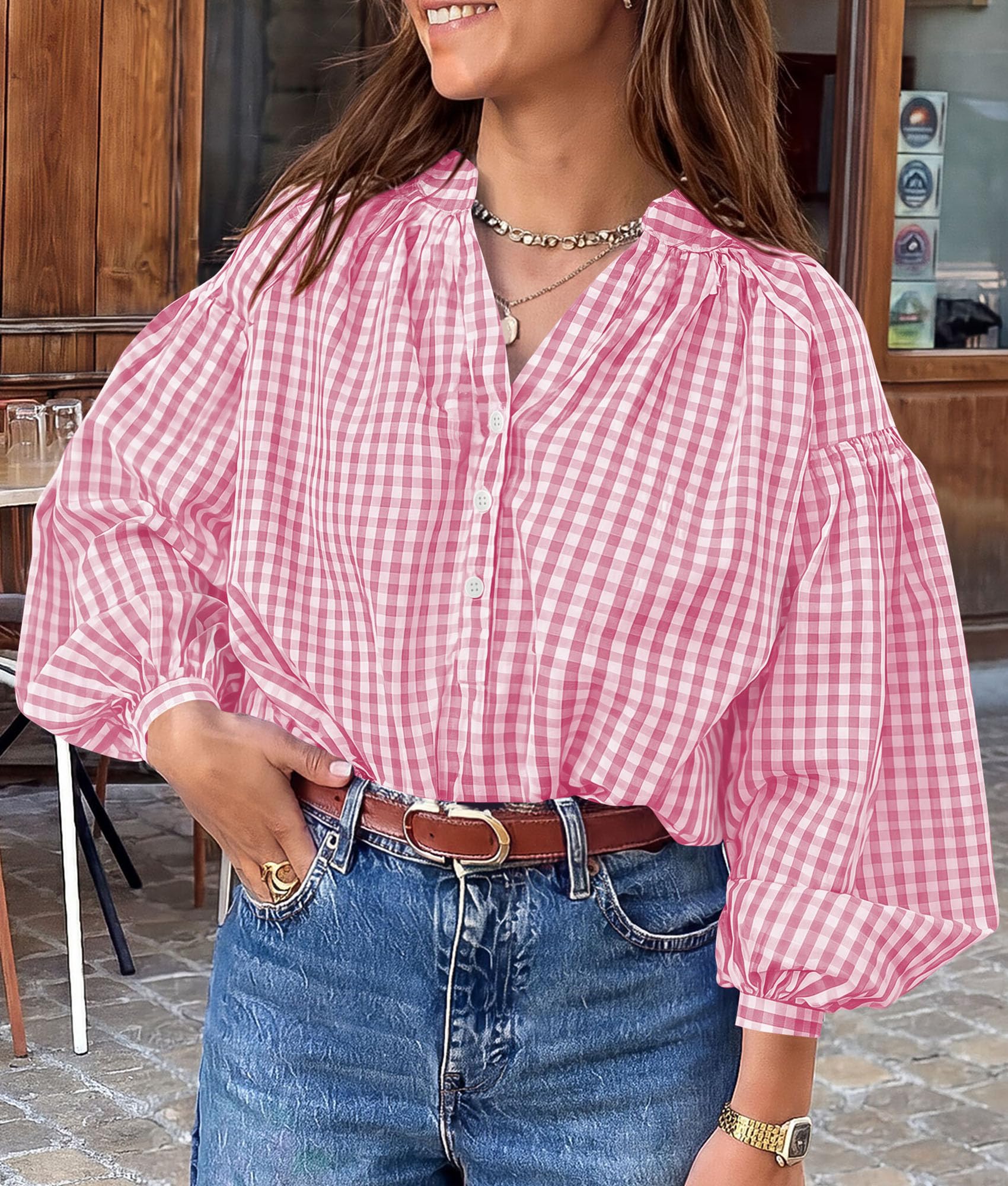 PRETTYGARDEN Women Fall Plaid Long Puff Sleeve Shirts V Neck Casual Blouses Gingham Button Down Oversized, Pleated Drop Shoulder Cotton Tops, Dressy Casual, Work Vacation Travel, Fall Outfits Trendy