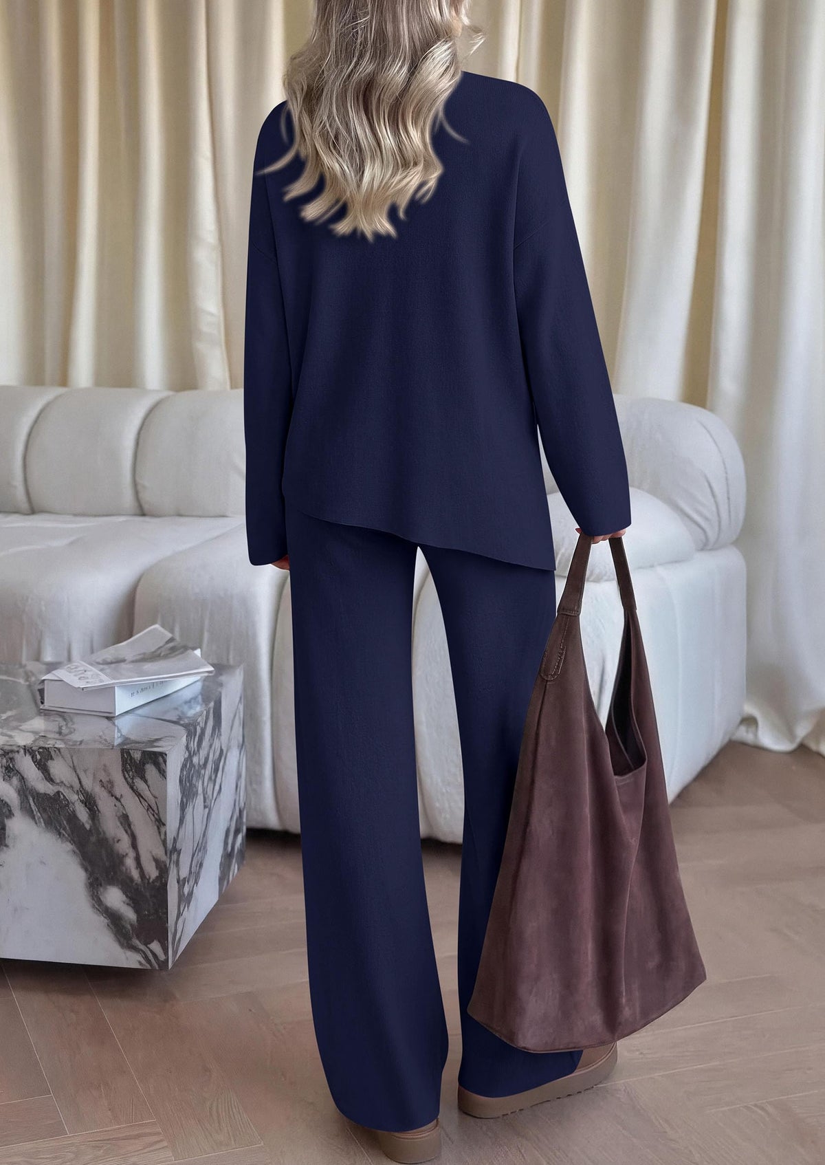 PRETTYGARDEN Womens Fall 2 Piece Asymmetric Cozy Sweater Travel Lounge Sets Crewneck Drop Shoulder Tops, Wide Leg Pants, Soft Casual Knit Matching Set,Vacation Airport Holiday Outfits