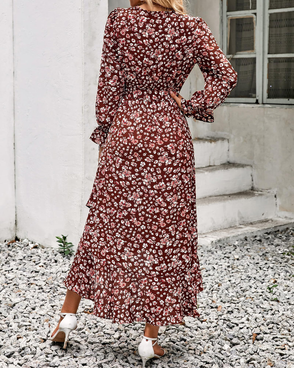 BTFBM Womens Dresses Summer V Neck Floral High Waist Ruffle Wedding Guest Cocktail Boho Spring Long Sleeve Dress