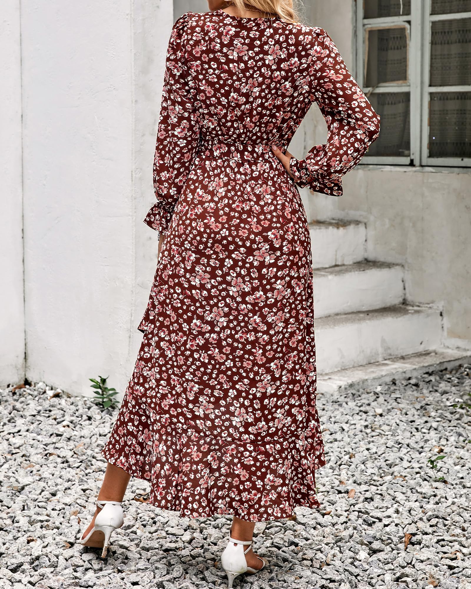 BTFBM Womens Dresses Summer V Neck Floral High Waist Ruffle Wedding Guest Cocktail Boho Spring Long Sleeve Dress