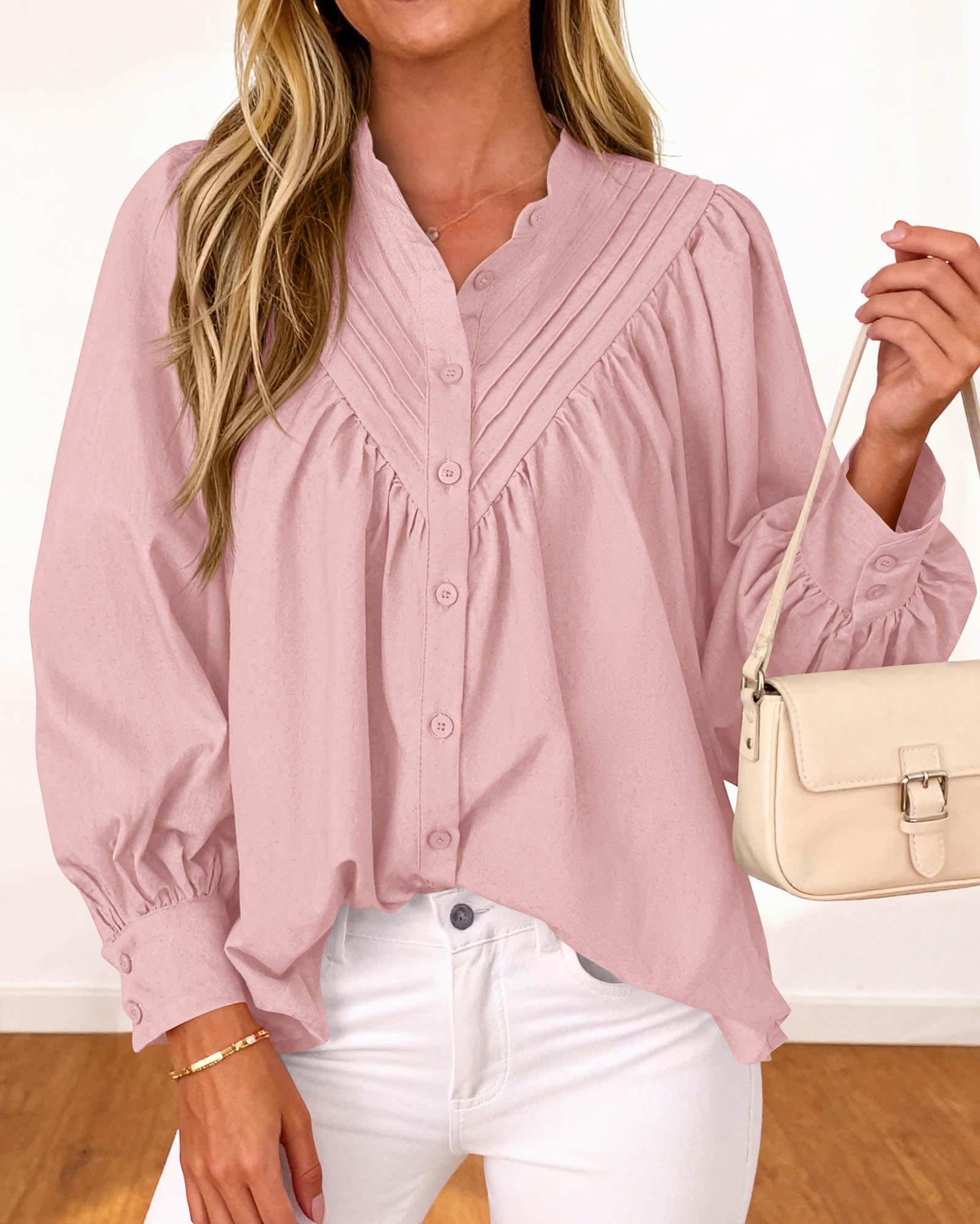 FreshPretty Blouses for Women Dressy Casual Fashion Clothing Long Sleeve Shirts Loose Fit Button Down Pleated Boho Going Out Tops