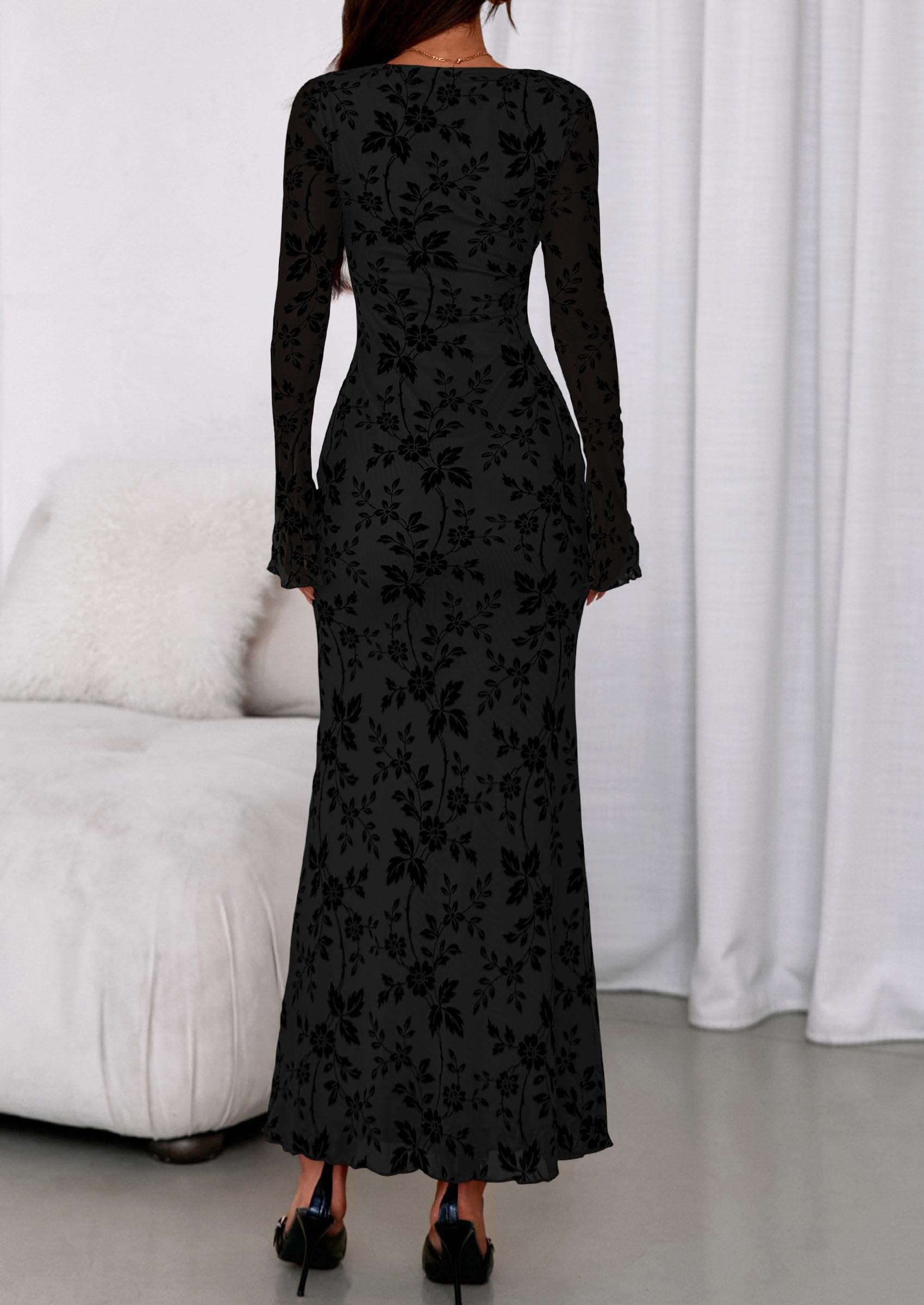 PRETTYGARDEN Women's Floral Bodycon Maxi Dress Fall Elegant Mesh Long Sleeve Formal Wedding Guest Cocktail Dresses