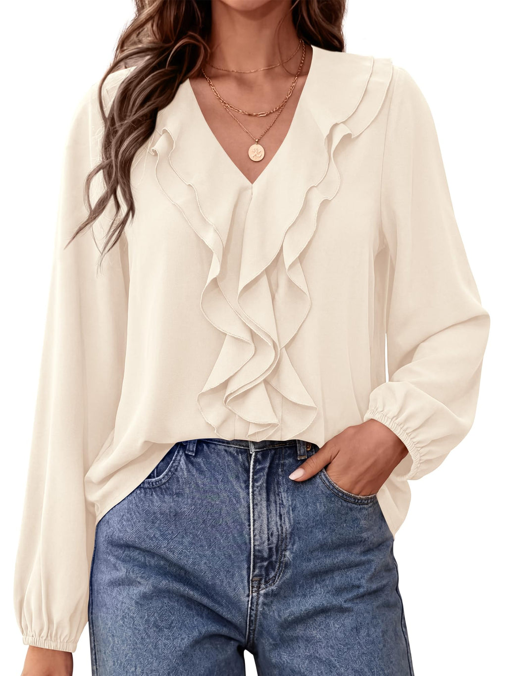 BTFBM Womens Fall Tops Ruffle Blouses Dressy Casual | Double Ruffled Collar V Neck Long Sleeve Shirts, Lightweight Fashion Clothing Trendy, Daily Business Office Work Clothes