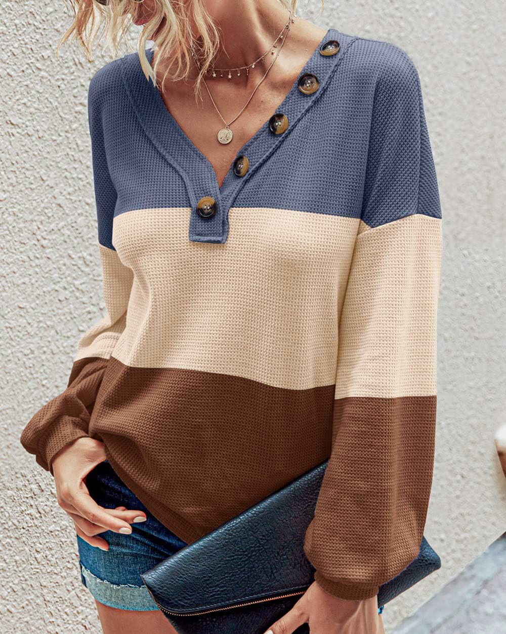 FreshPretty Womens Fall Fashion Long Sleeve Shirts Spring V Neck Loose Casual Deco Button Lightweight Waffle Knit Tops