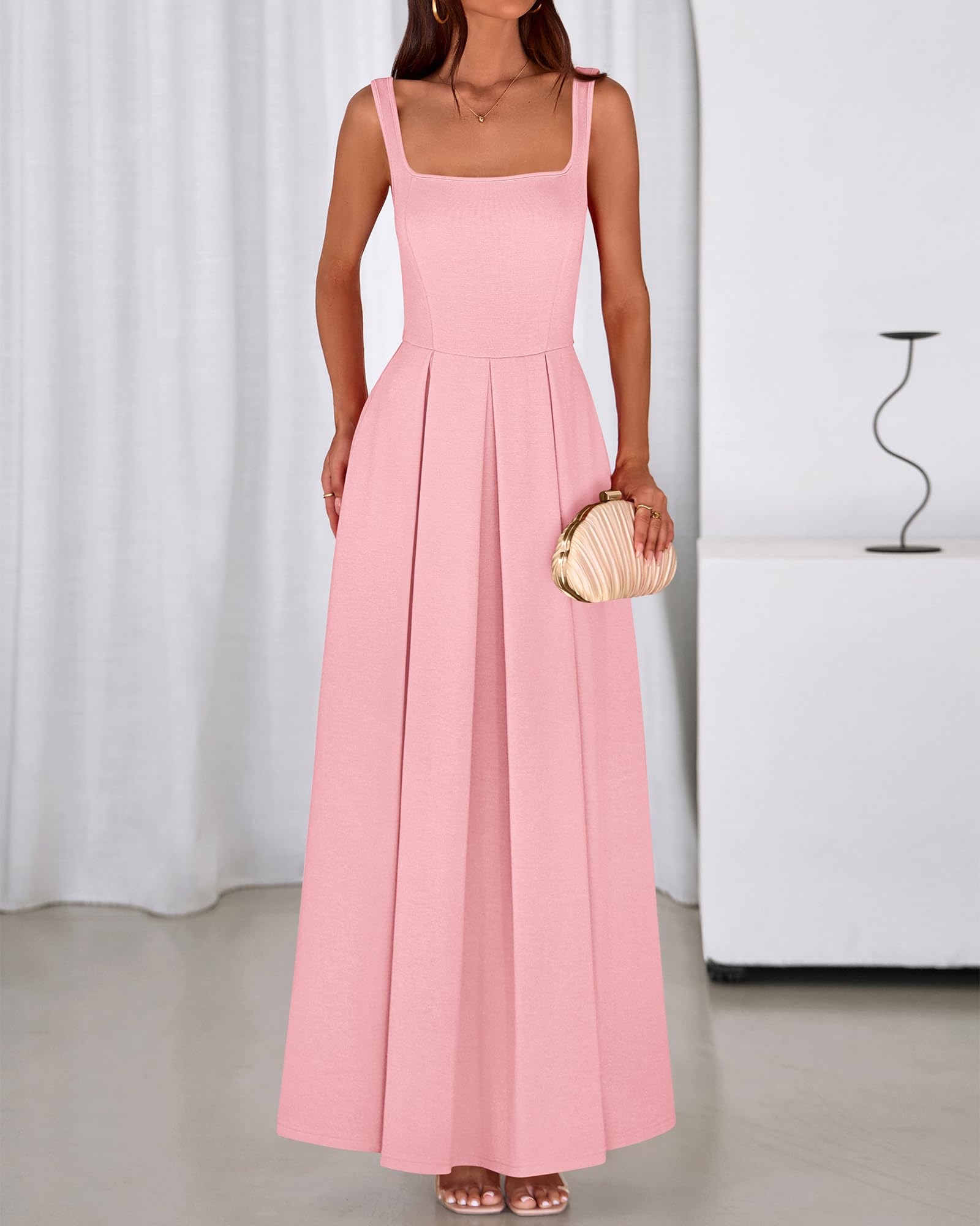 BTFBM Women Summer Square Neck Maxi Dress Spring Elegant Classy Sleeveless Formal Wedding Guest Cocktail Dresses