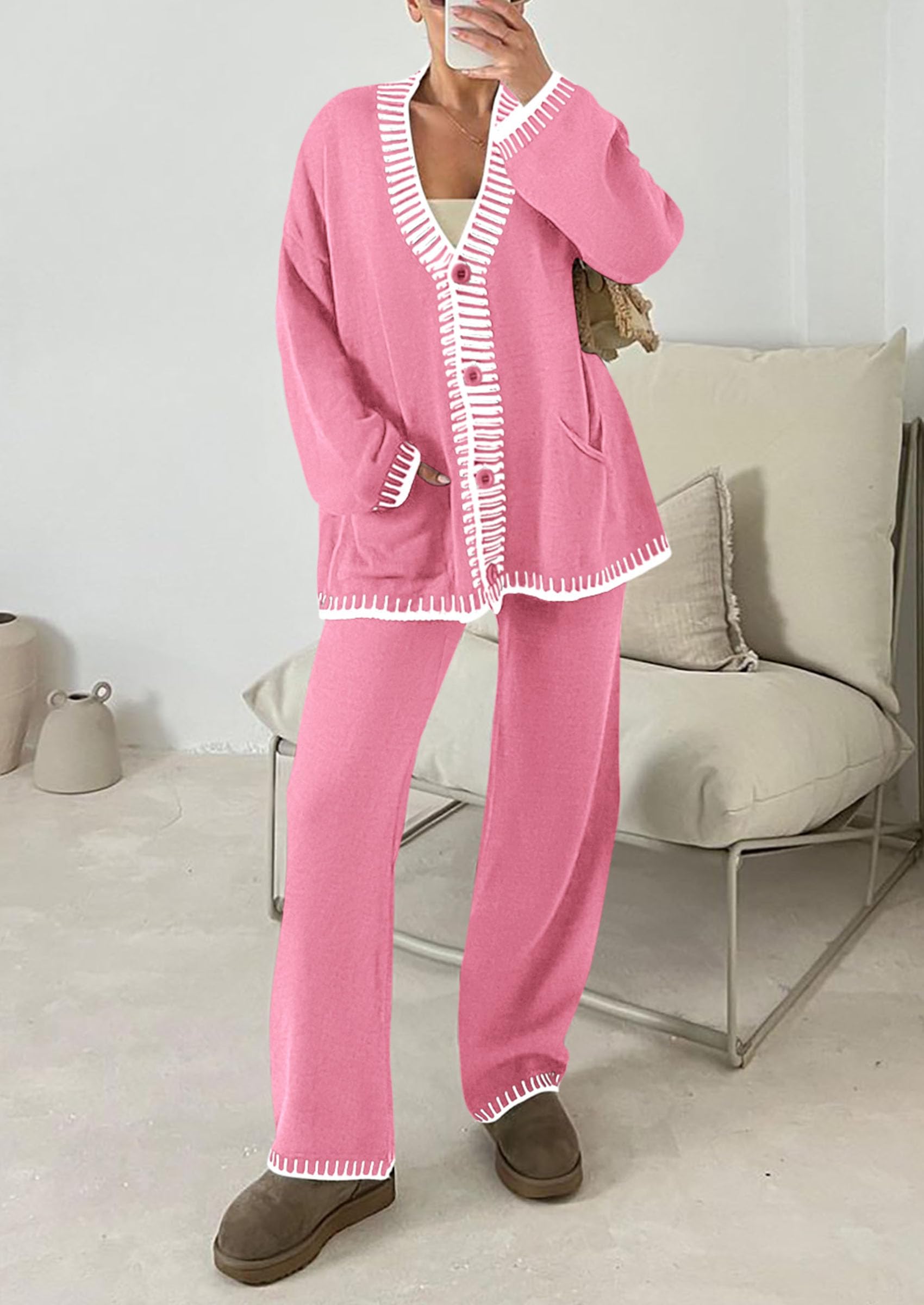 PRETTYGARDEN Lounge Sets for Women Fall Loungewear 2 Piece Outfits Cardigan Sweaters Track Suit Matching Winter Clothing