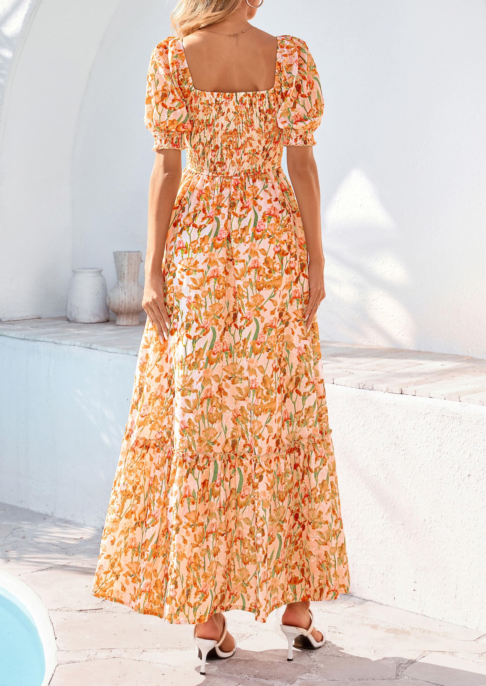 PRETTYGARDEN Women's Floral Boho Maxi Dresses Flowy Short Sleeve A Line Smocked Eyelet Summer Beach Vacation Clothes