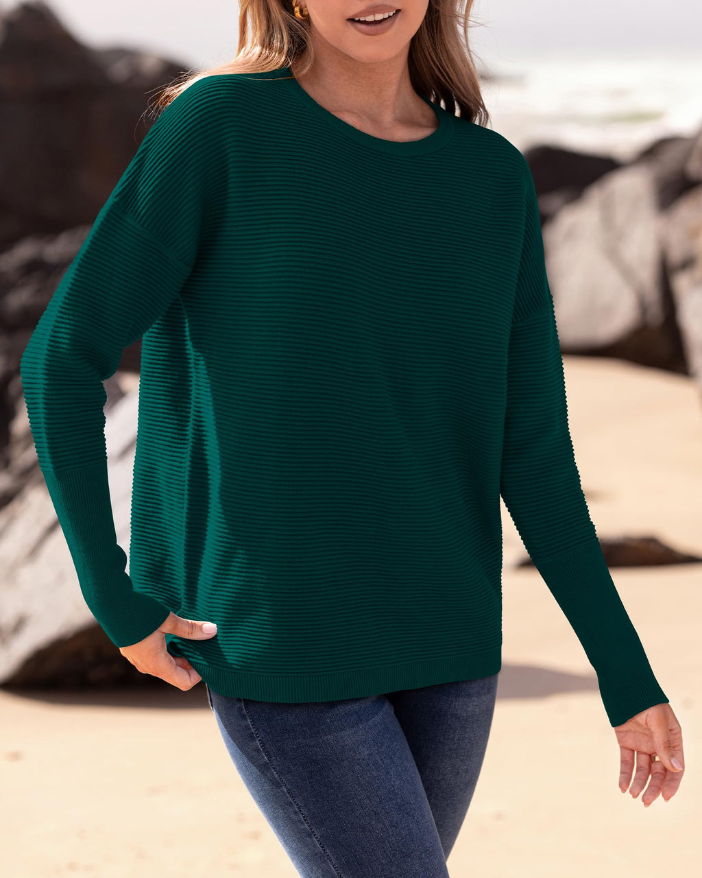 FreshPrettyFall Sweaters for Women Casual Long Sleeve Sweater Striped Loose Fit Pullover Tops