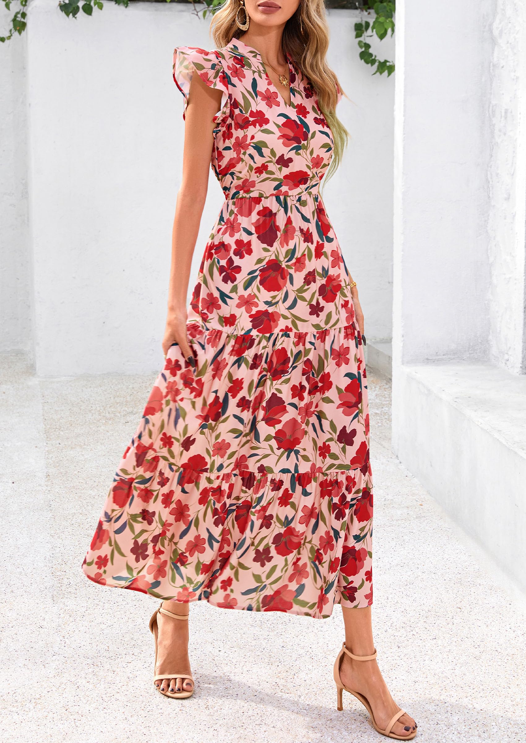 Visit the PRETTYGARDEN Store PRETTYGARDEN Women's Summer Floral Midi Dress Cap Sleeve V Neck Ruffle Long Flowy Boho Casual Beach Vacation Dresses